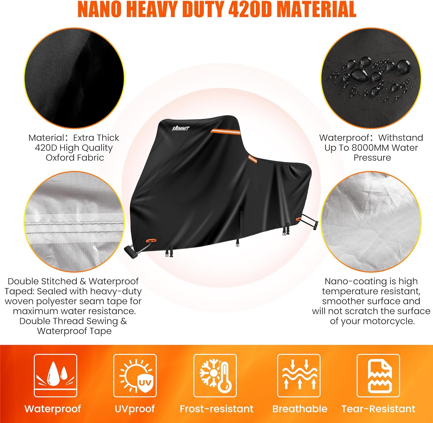 Heavy Duty Motorcycle Cover with Nano Material, Waterproof Outdoor Storage Cover, Moped Cover for Touring Models with Side Box