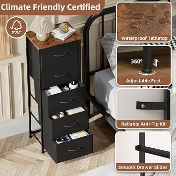 Somdot Tall Dresser for Bedroom, 5 Drawer Storage Cabinet,Chest of Drawers | Fabric Dresser with Removable Bins, Steel Frame, Wood Top Home Furniture, Closet Organizer, Nursery, Dorm, Entryway Storage
