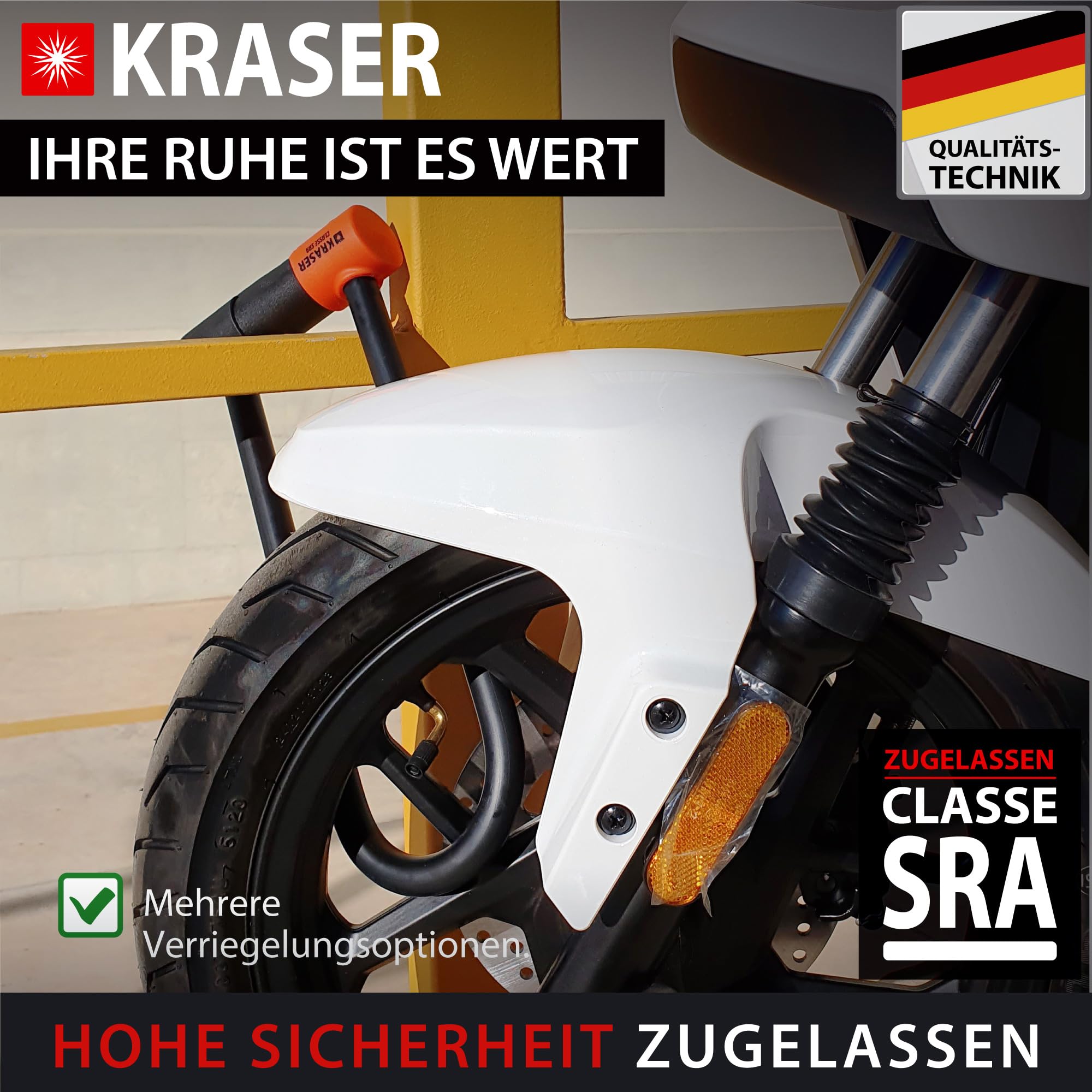 KRASER KR85L Anti-Diebstahl Motorrad Fahrradschloss Bügelschloss Vorhängeschloss U Homologiert SRA-Schloss Sicherheit Solides Schloss 85x300 Ø18 Diebstahlsicherung Motorräder Motorroller Fahrrad