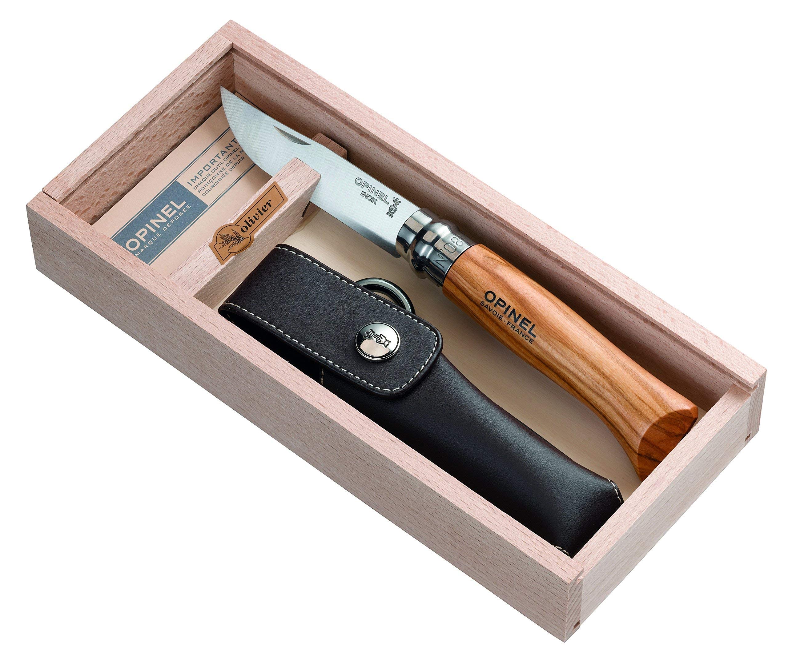 Opinel - N°08 Olivier Couteau de Poche Polyvalent + Étui Alpine - Lame 8,5 cm Acier Inox - Manche Olivier - Bague de Sécurité Virobloc - Fabrication Française