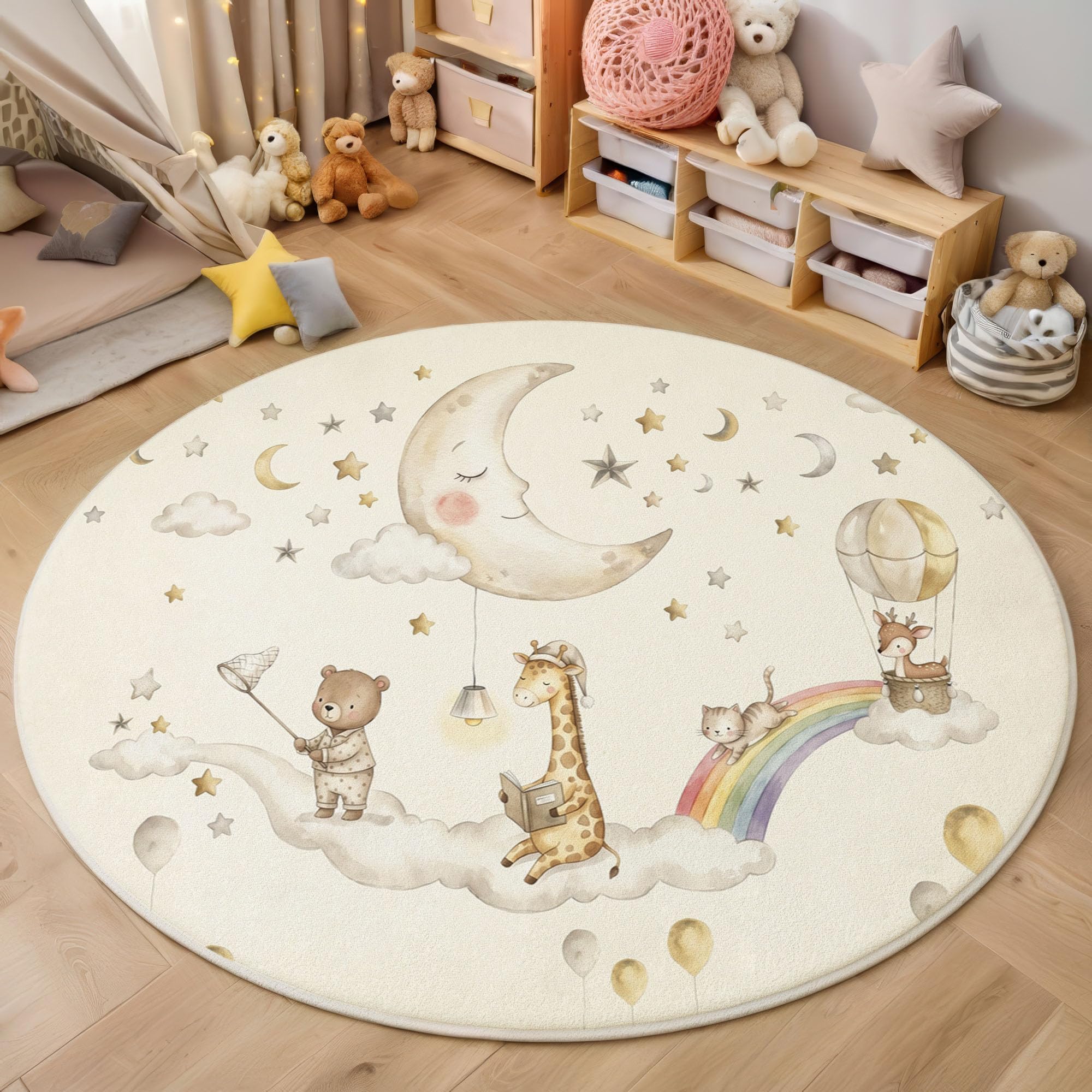 Tapis rond chambre d'enfant antidérapant et facile à laver pour salon beige 80cm