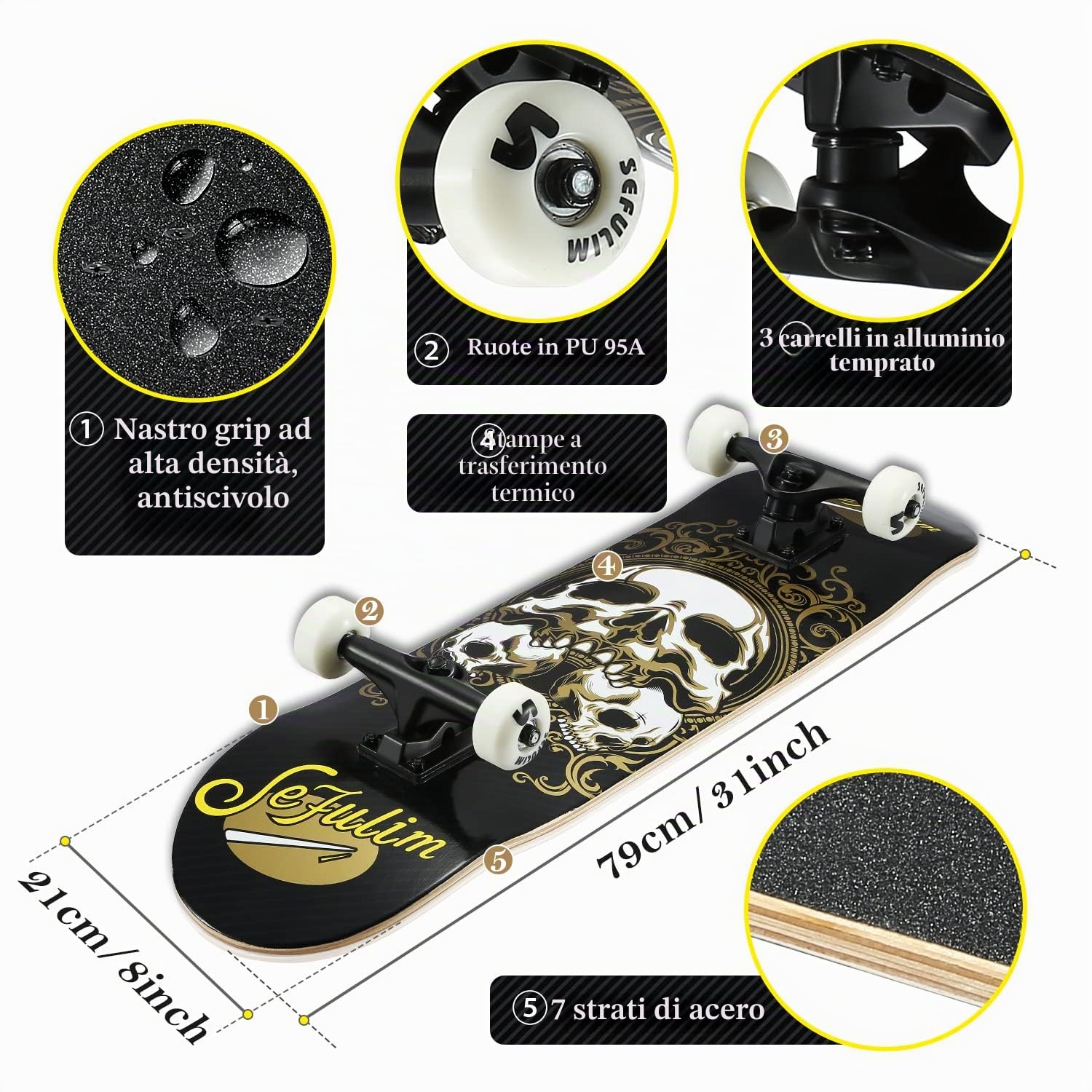 31 x 8 Pollici Skateboard Completo 7 Strati Acero Canadese Double Kick Deck concavo Skateboard per Ragazzi Ragazze Adolescenti Adulti Principianti