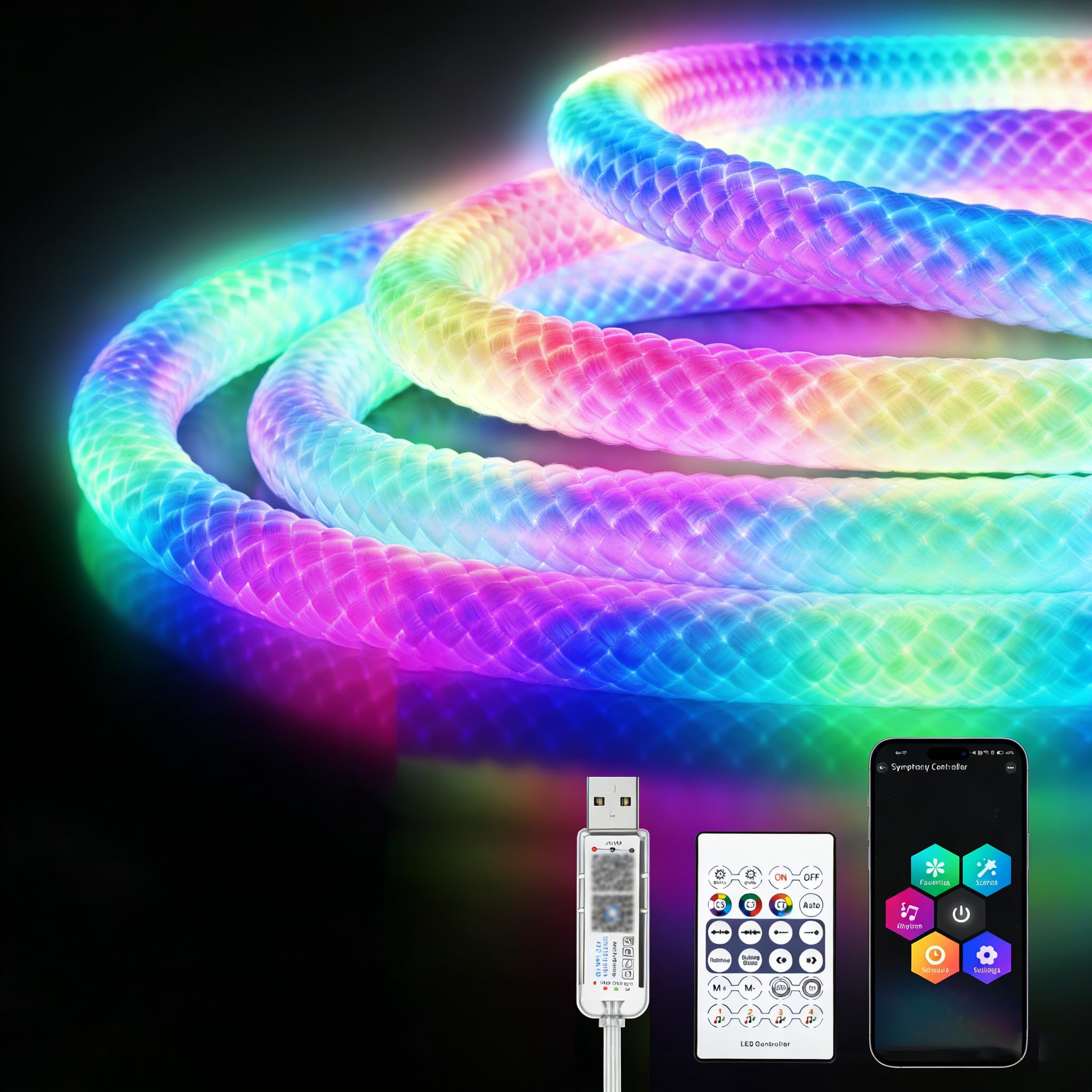 Striscia LED Neon 5M, 5V USB Strisce LED Smart IC Controllo APP | 360 Gradi Rotonda Flessibile IP67 Impermeabile con Funzione Timer Sincronizzazione Musicale per Gazebo Colonne Giardino