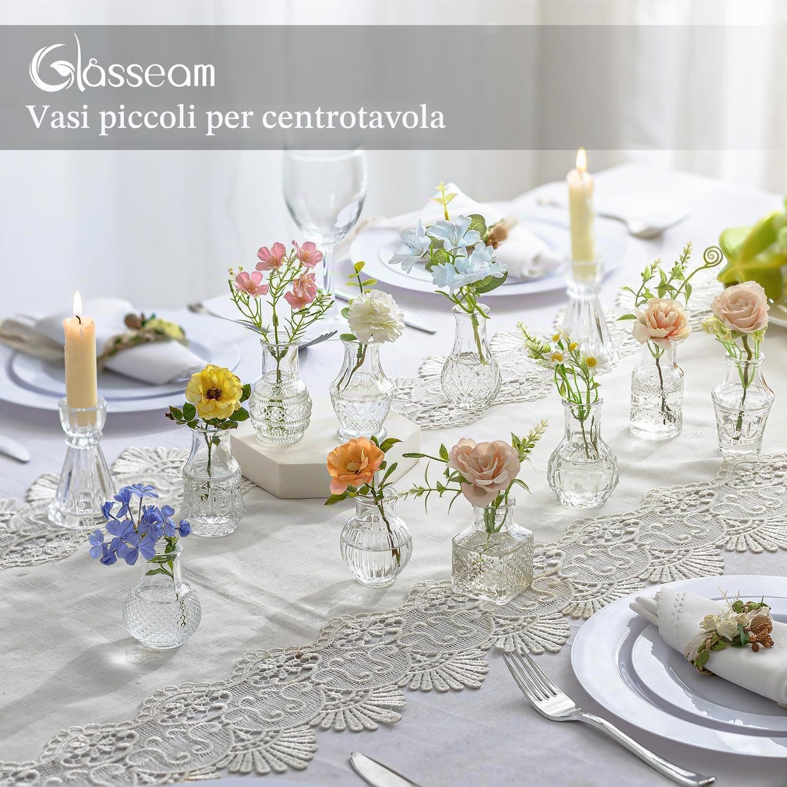 Glasseam Piccoli Vasi per Fiori per Centrotavola: Set di 20 Mini Vasi in Vetro Trasparente per Decorazioni Centrotavola per Matrimoni Tavoli da Pranzo e Tavoli da Sala da Pranzo