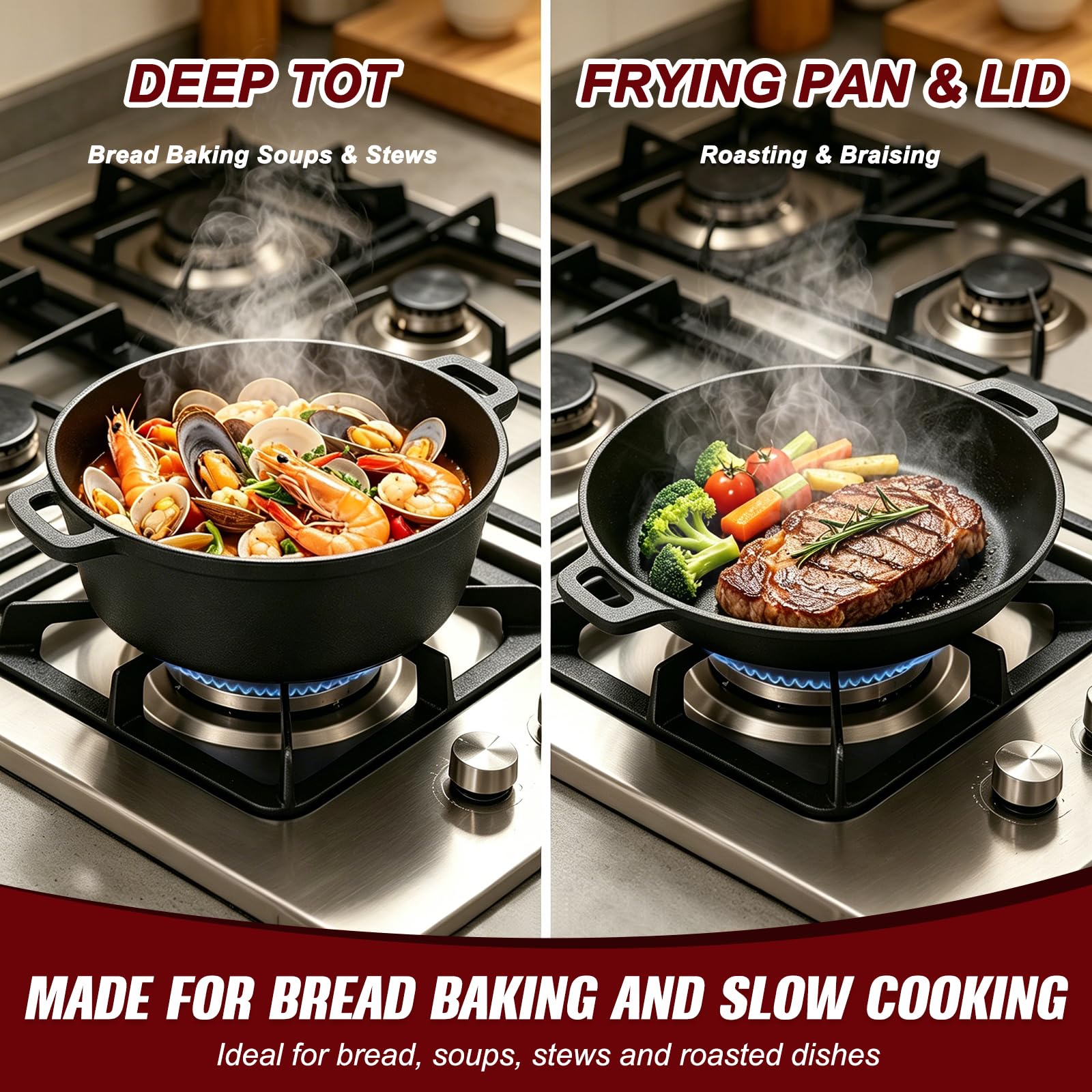 Marmite à pain 2 en 1 en fonte avec couvercle, casserole de 4,7 l + couvercle de 1,5 l, casserole ronde pour la cuisson du pain, braiser et cuire au four, cuisinière à gaz, électrique et à induction
