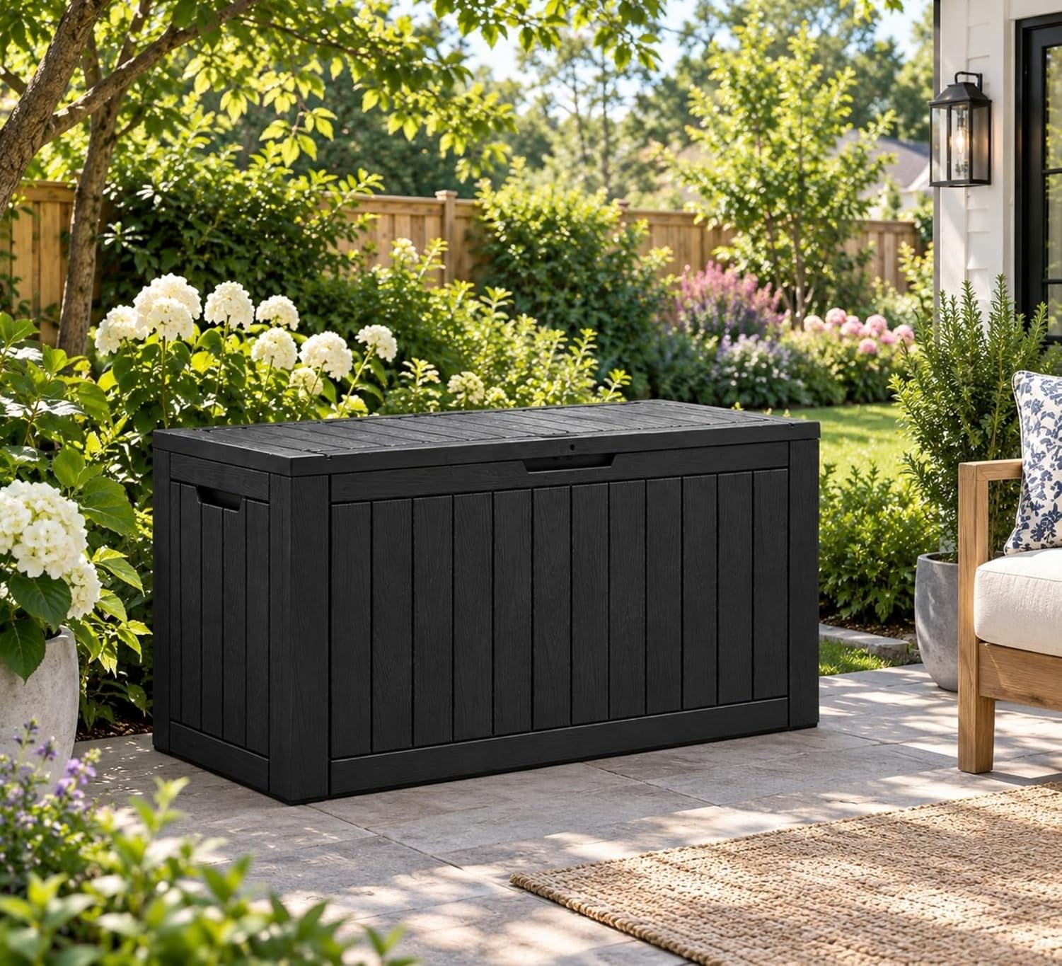 Baulera Exterior Impermeable 130L para Almacenaje Terraza, Rayado Negro