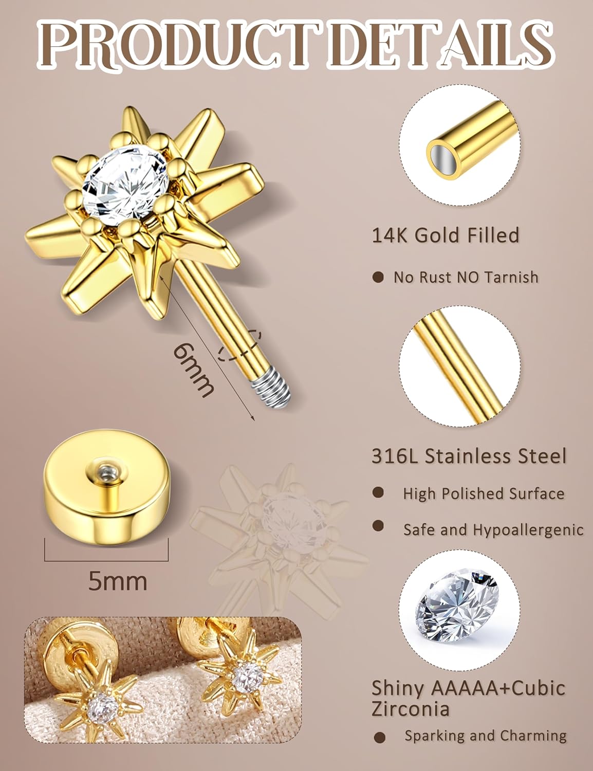 Florideco Hypoallergenic Flat Back Earrings for Women Trendy Surgical Steel Earrings for Sensitive Ears 14K Gold Plated Cartilage Earring Stacks FlatBack Stud Earring Set for Multiple Piercing - Image 5