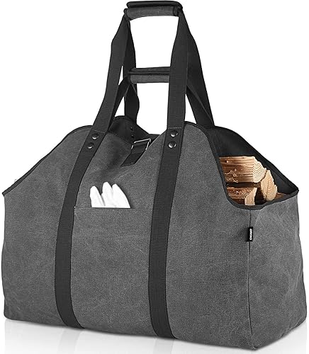 BONTHEE Soporte de leña extra grande impermeable para leña para interiores con correa para el hombro y asas superiores que contiene almohadilla para