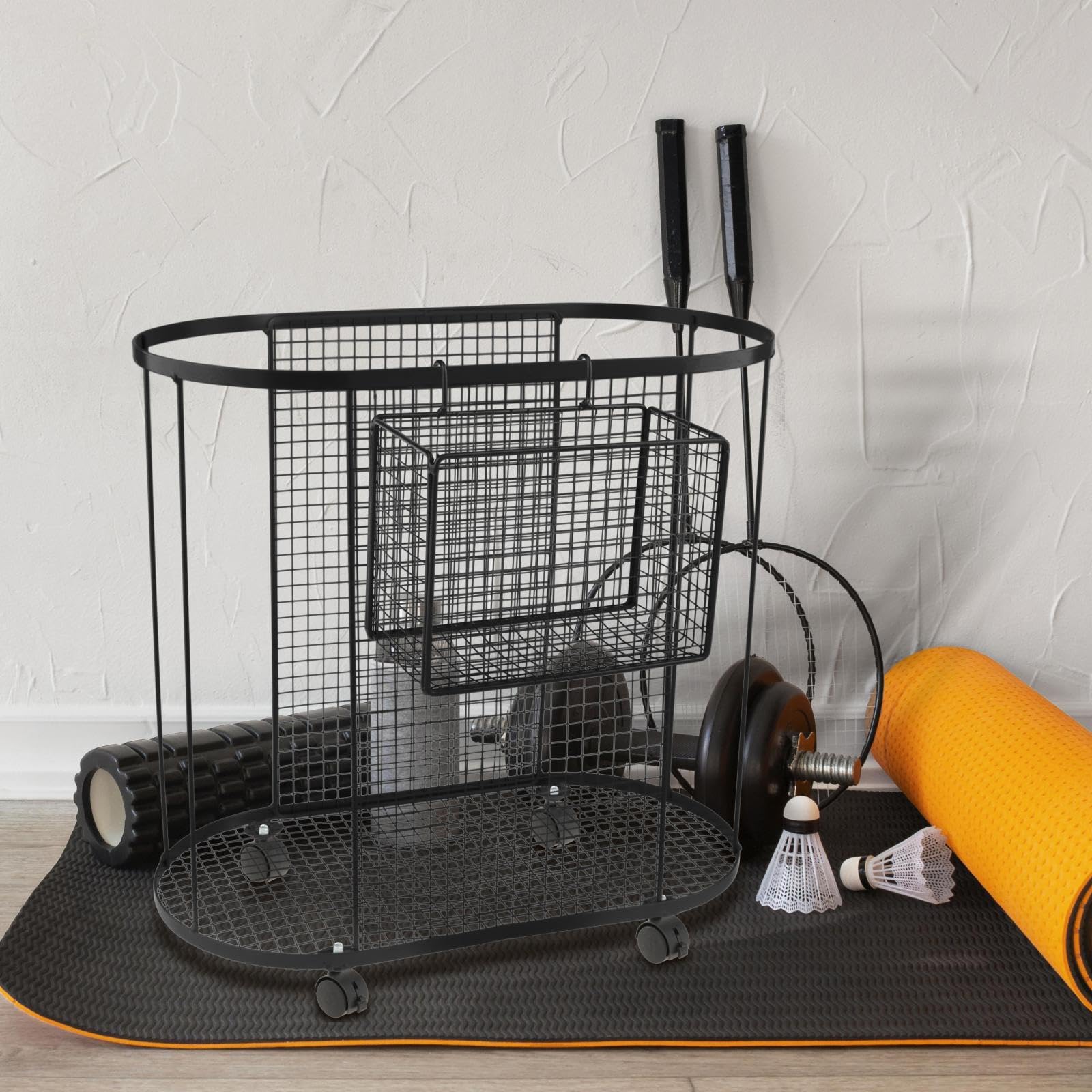 Organisateur D'Équipement de Fitness Rangement pour Haltères et Tapis de Panier Mobile en Fer Conçu pour Les Salles de Sport et Domiciles, Noir