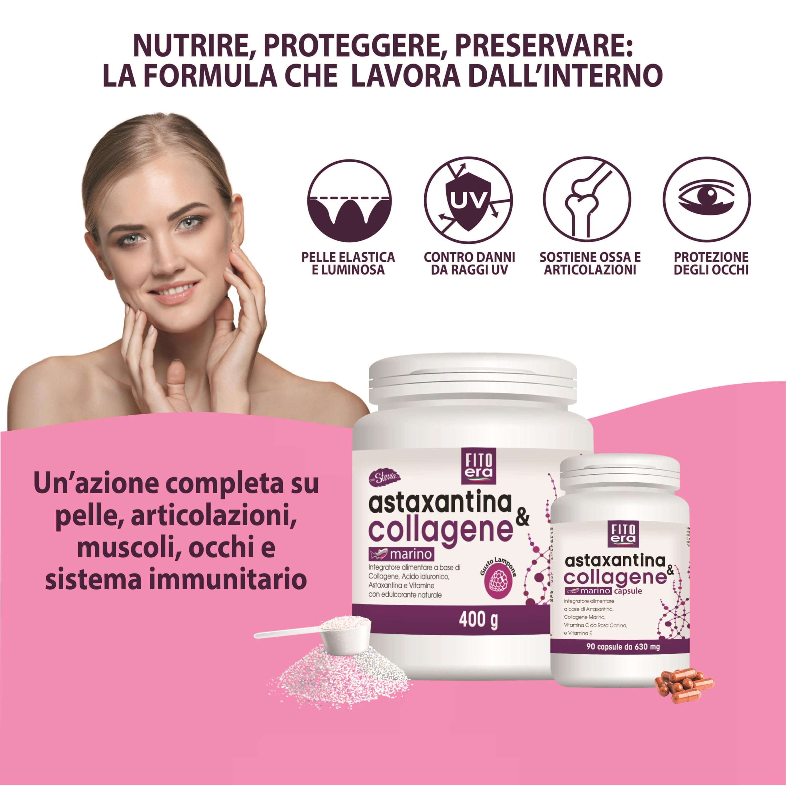 FITOERA Astaxantina & Collagene Marino in polvere 400 g - Integratore Antiossidante con Acido Ialuronico, Vitamina C, Vitamina E con Stevia e Lampone