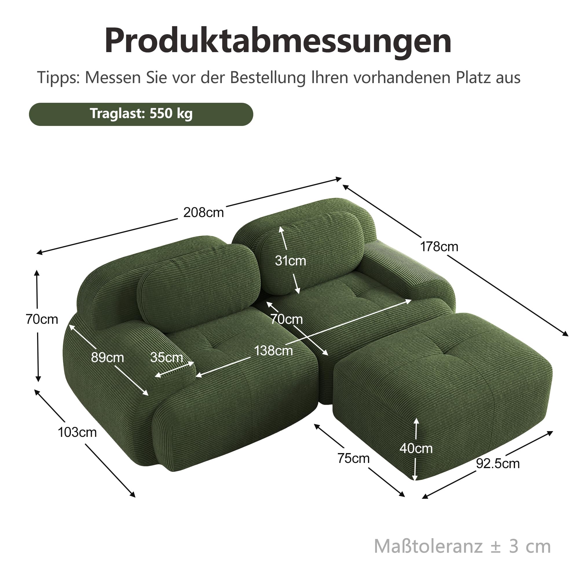 Divano modulare angolare in corduroy, divano senza braccioli, con funzione letto, in schiuma ad alta densità 32D, design profondo, fondo antiscivolo, per soggiorno e camera da letto, verde