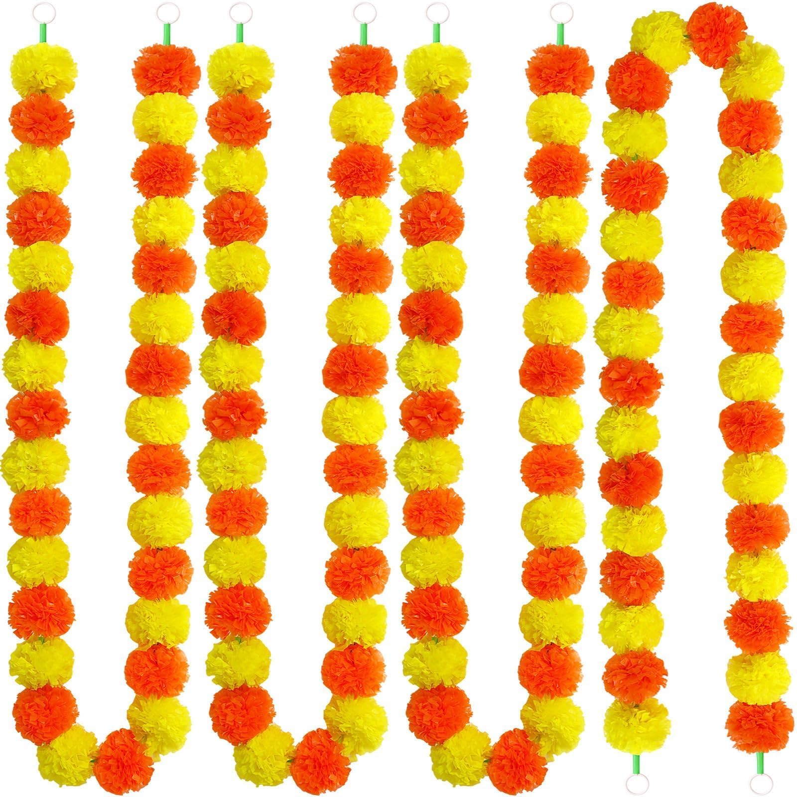 JUNEBRUSHS 3 Pcs Marigold Garland for Decoration, 5 Feet Artificial Marigold Flowers Garland Diwali Indian Decorations for Home Pooj Dia de Los Muertos Day of The Dead Wedding Party, Yellow Orange