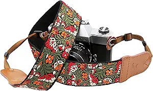 Camera Strap for All DSLR / SLR Cameras,Double Layer Cowhide Ends,2"Wide Pure Cotton Embroidered Woven Camera Strap,Adjustable Universal Neck & Shoulder Strap,Gift for Photographers（Green Flower）