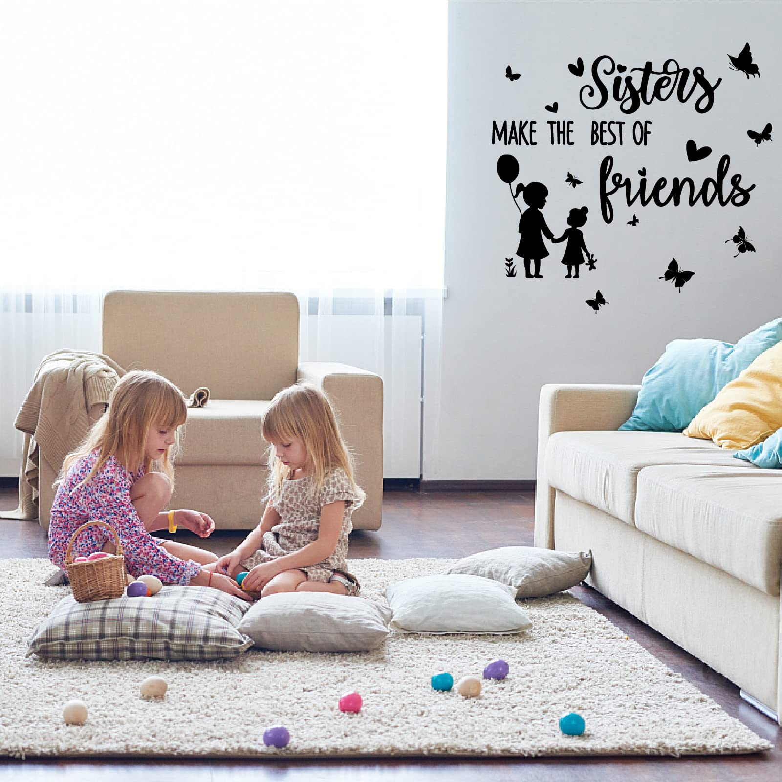 SUPERDANT Black and White Wall Decals Sisters Make the Best of Friends Wall Stickers with Butterfly Balloon Wall Decor Vinyl Wall Decoration for Nursery Girls Bedroom Living Room 39cmx75cm - Image 4
