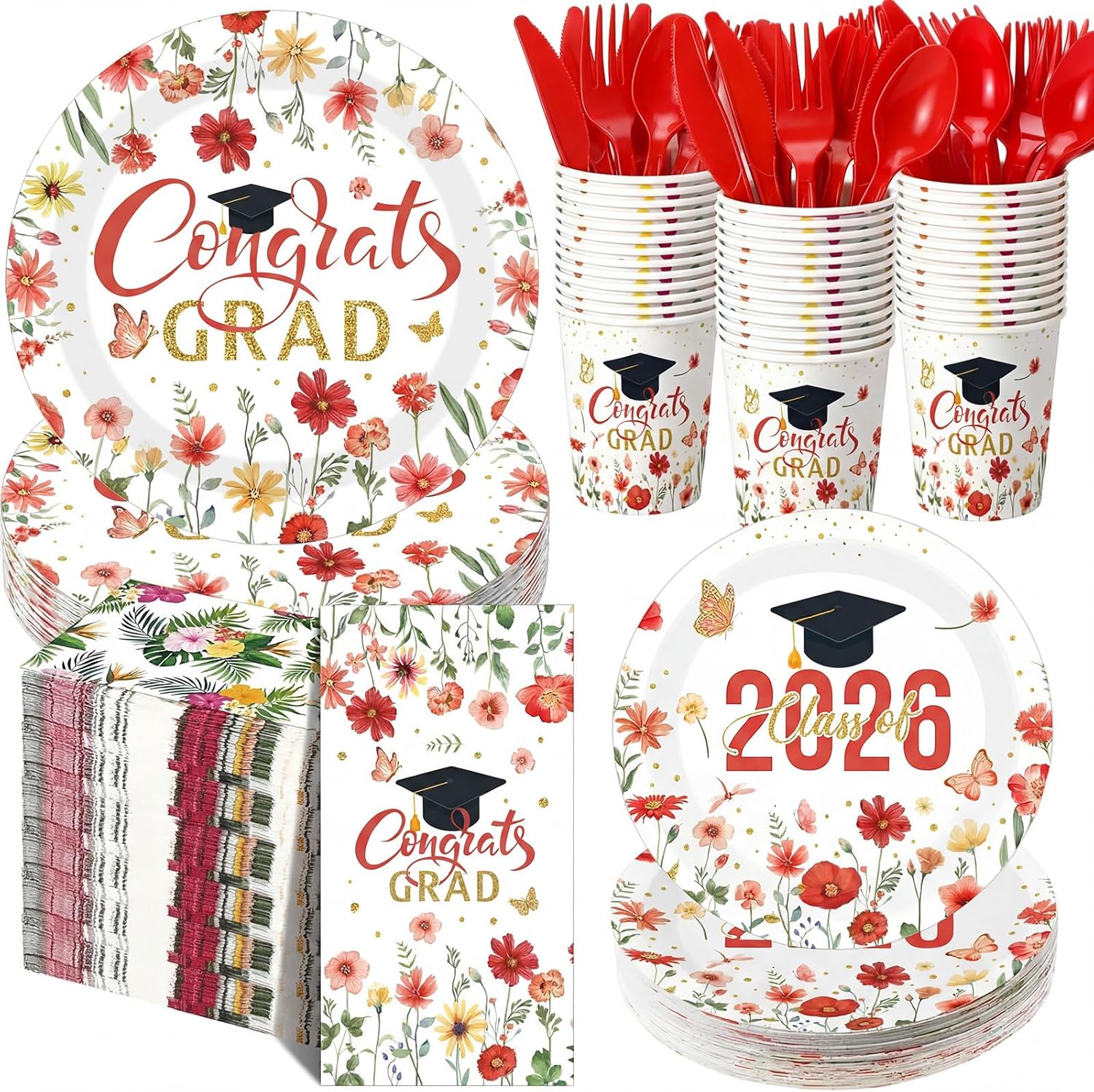 400 Pcs Class of 2026 Red Floral Graduation Decorations for 50 Guests, Red Gold Flower Graduation Paper Plates Napkins and Cups Cutlery Grad Tableware for 2026 Congrats Grad Party Supply