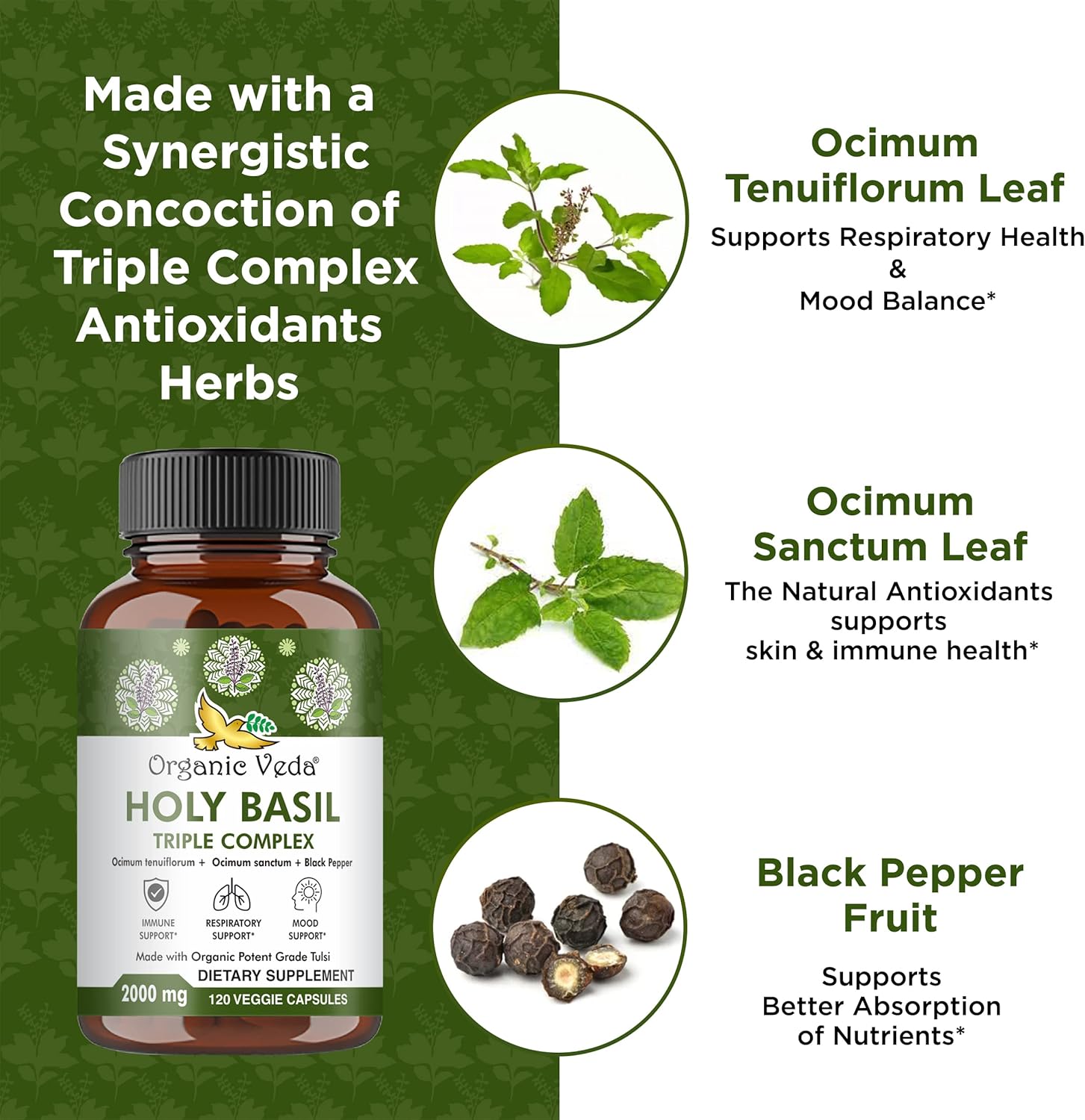 Buy Organic Veda Holy Basil Triple Complex Tulsi Capsules for Respiratory Health, Immunity