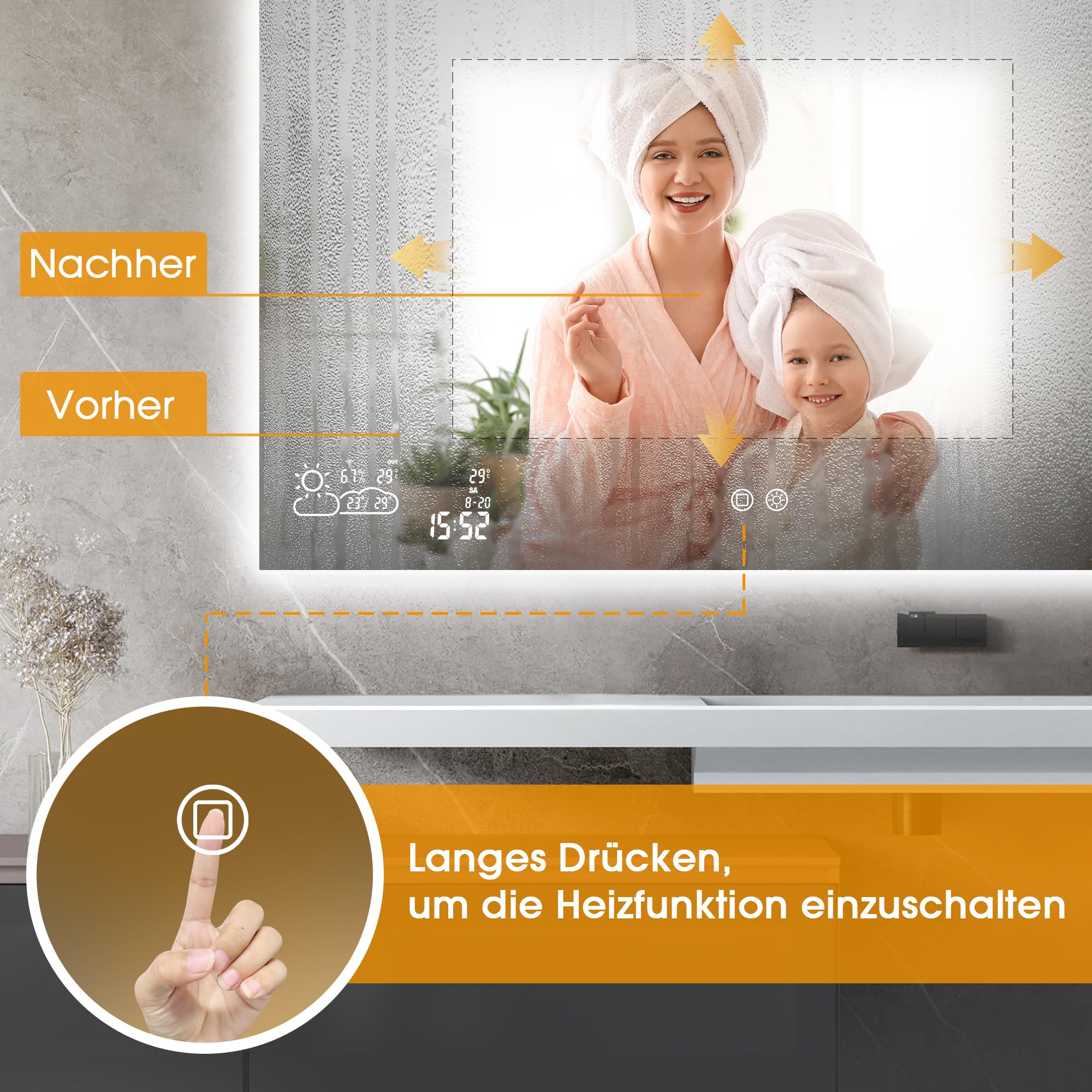 byecold Infrarotheizung 350W Spiegelheizung Spiegel Heizung Infrarot Badspiegel mit Wetter Touchschalter Smart WiFi Badezimmerspiegel mit LED Beleuchtung Warm/Kalt - Vertikal 60X100CM