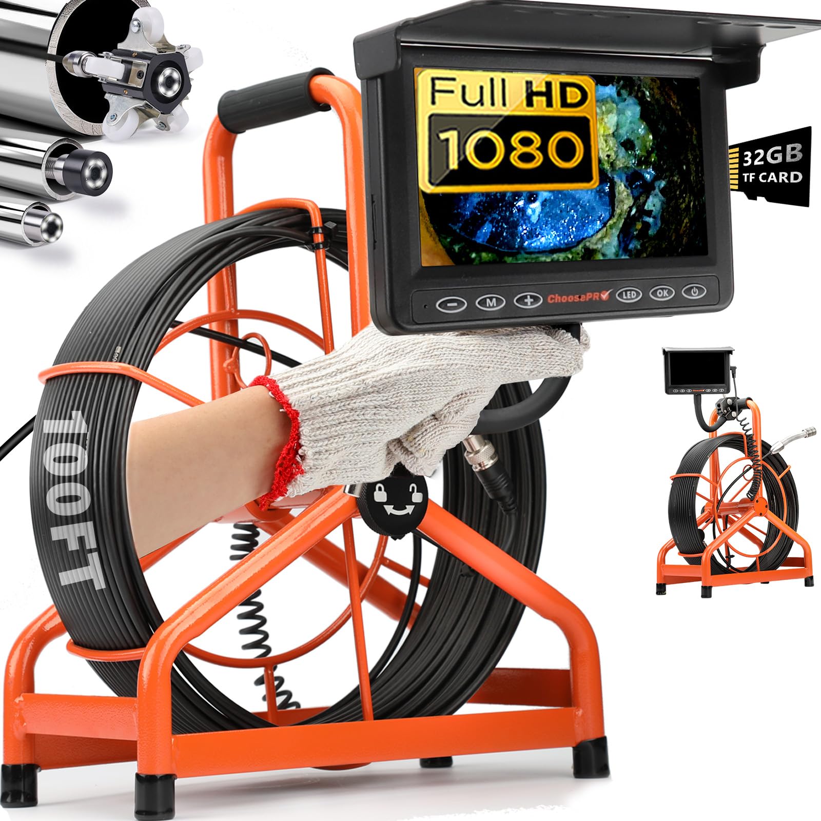 [ChoosePRO®] HD1080P Sewer Camera [Plumber Loved] Gooseneck Mount, 0.637'' Thicker Reel, 1s Twist-Unlock Reel, 4.3'' w/DVR-32GB Drain Camera, Plumbing Pipe Inspection Camera, 5000mAh 100ft Cable