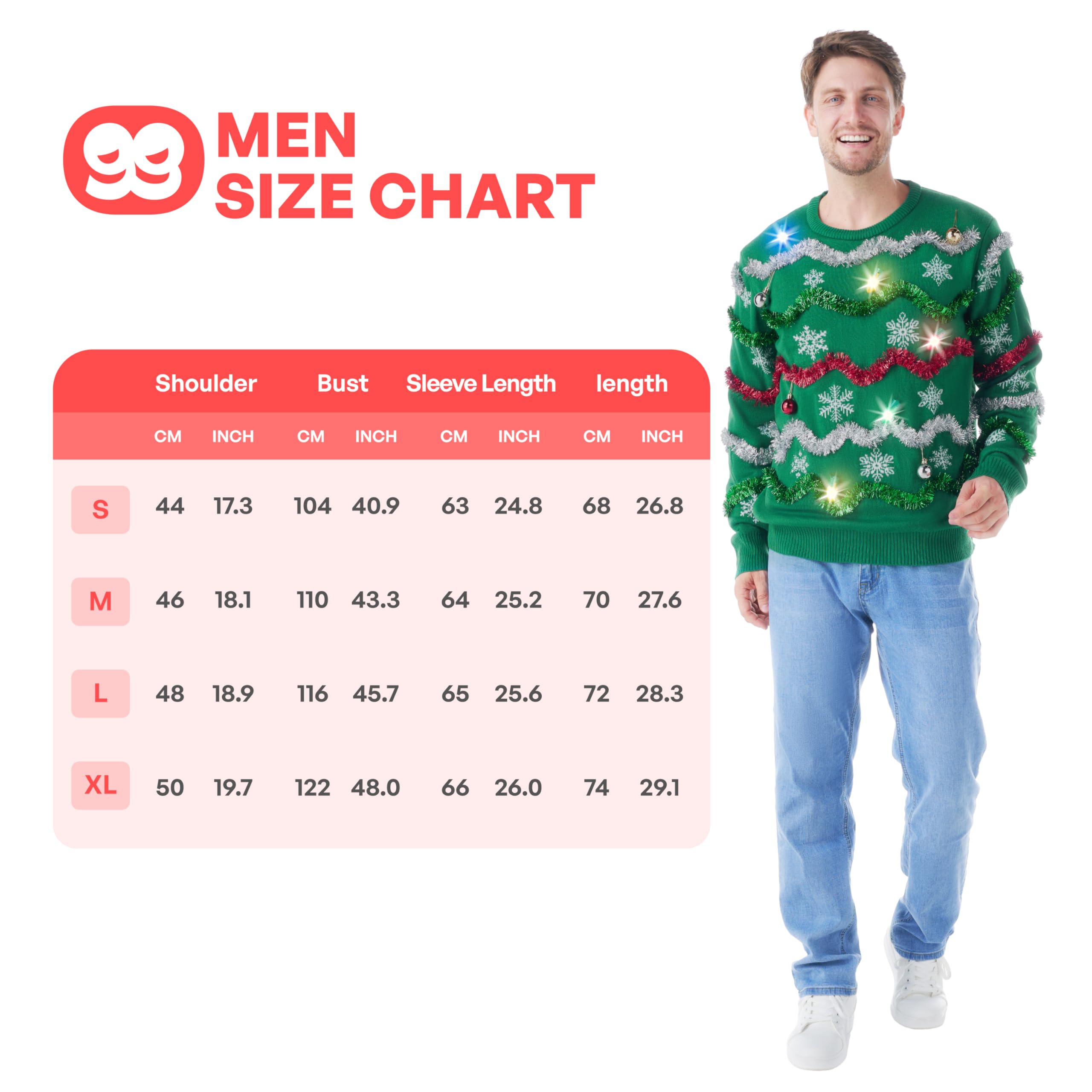 Giggling Getup Suéter feo de Navidad para hombre, suéter feo verde con luz LED, suéter feo de vacaciones para hombre