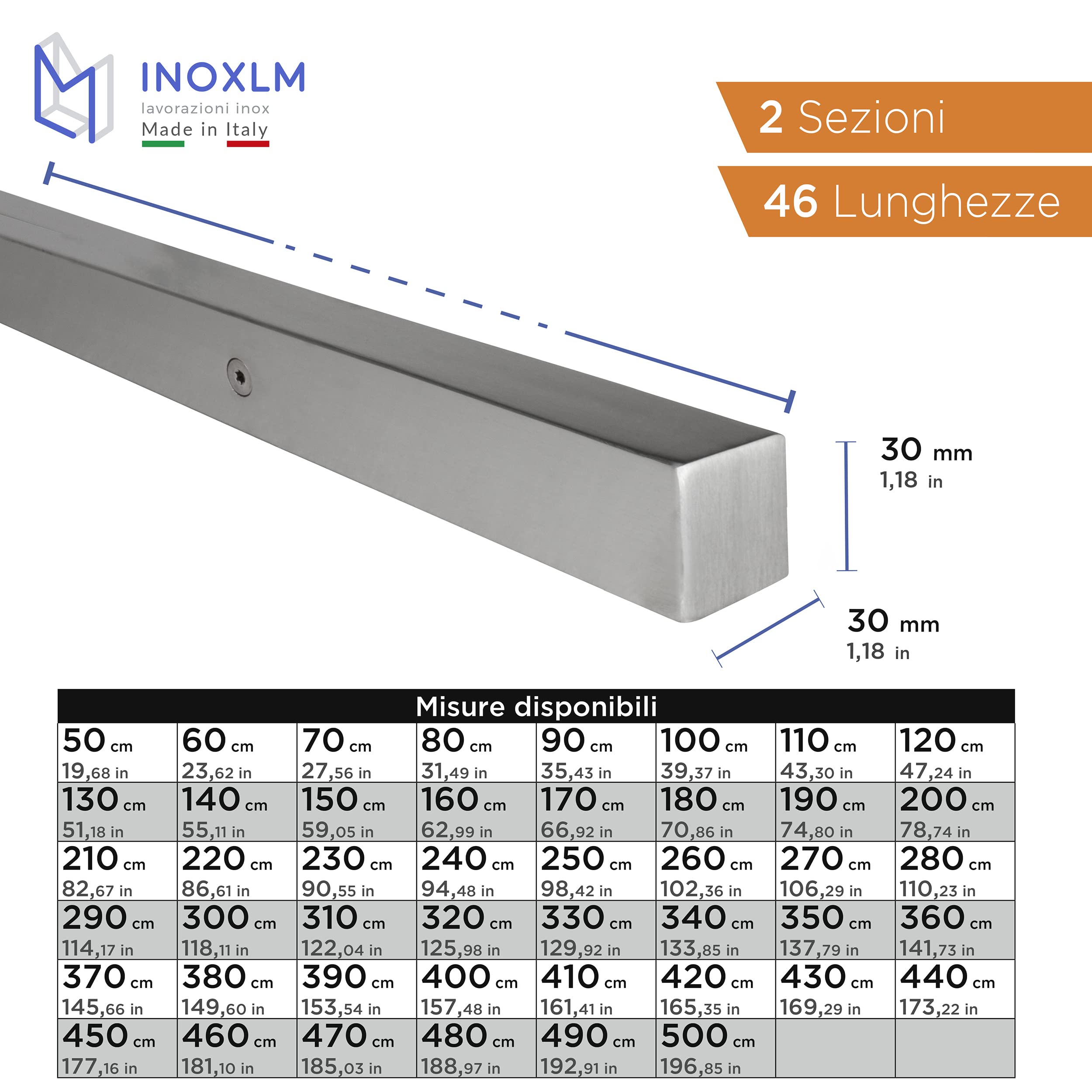 INOXLM Corrimano in Acciaio Inox AISI 304 Con Finitura Satinata 30x30 mm | Made in Italy | Fai Da Te | Ideale per Uso Interno ed Esterno (3000 mm)