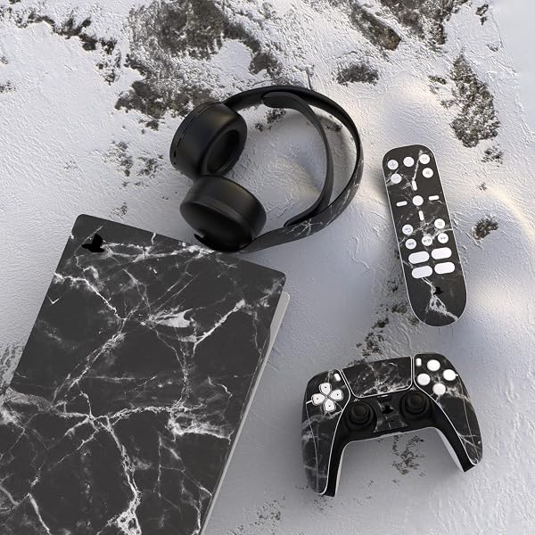 PlayVital Skin Kompatibel mit ps5 Konsole Digital Edition,Aufkleber Skin Stickers Schutzfolie für PS5 Konsole,Controller,Ladestation,Headset,Medienfernbedienung-Schwarz Weiß Marmor Optik - 3