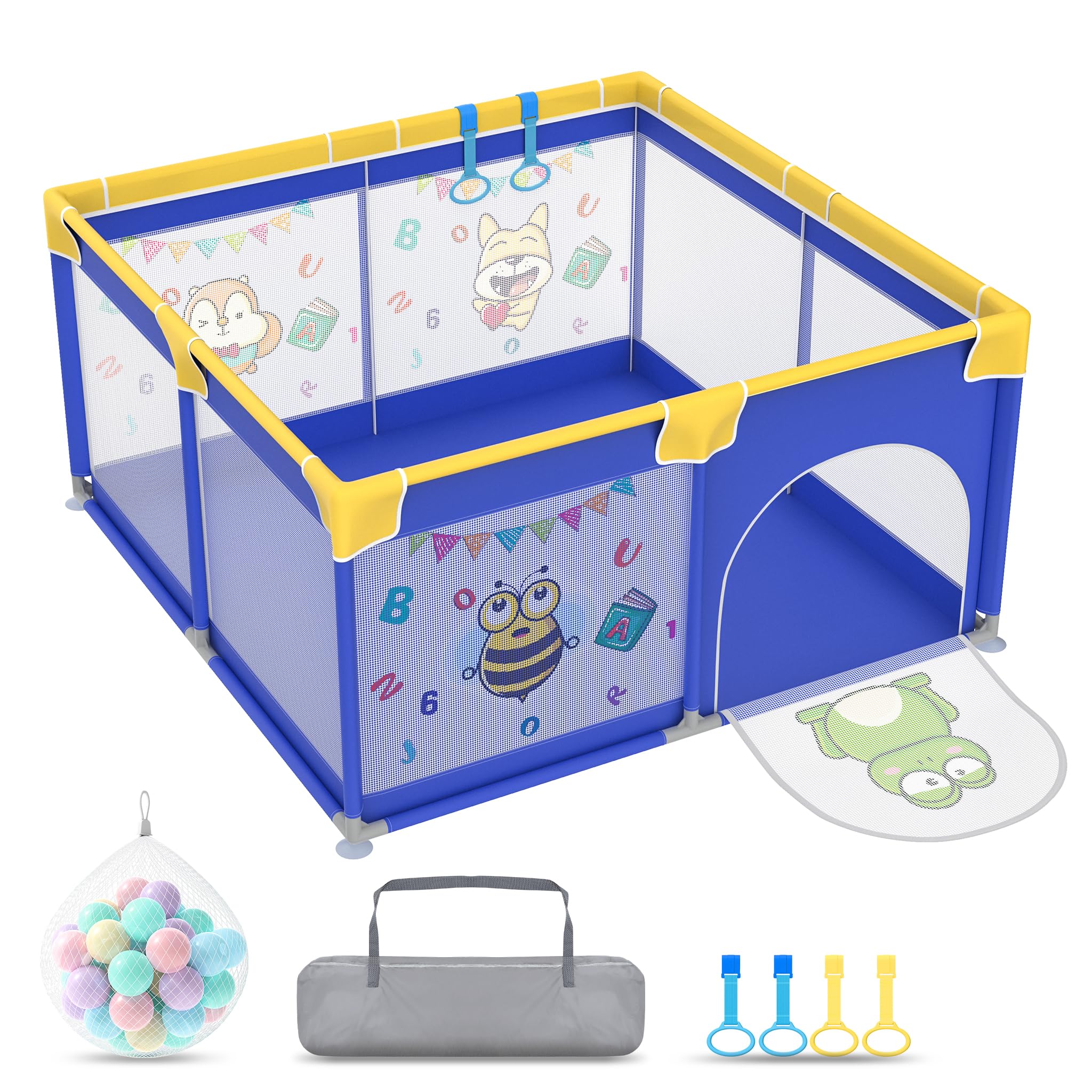 Froadp Kojec dla niemowląt Playpen, kojec dla dzieci z drzwiami, bezpieczny plac zabaw Oxford, kratka ochronna, z torbą do przenoszenia, piłkami i 4 pierścieniami do ciągnięcia (127 x 127 x 68 cm