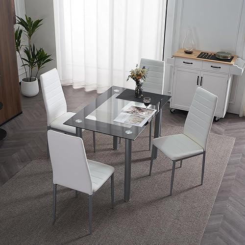 Miniatura 2 de Karl home Juego de mesa de comedor de cristal de 5 piezas con mesa de vasos y 4 sillas de cuero para cocina, desayuno, sala de estar; ahorro de