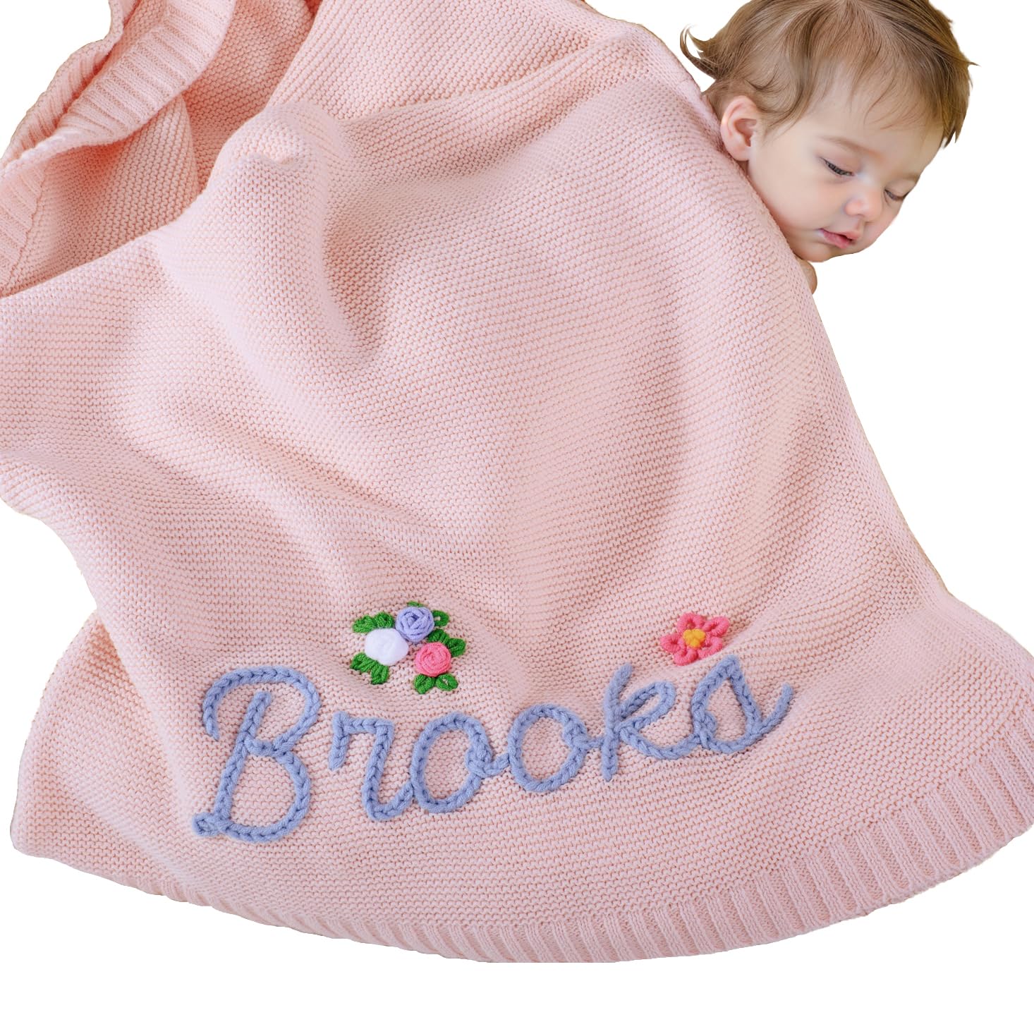 REQTYUI Personalized Baby Blanket for Boys Girls with Hand Embroidered Name Super Soft Blanket, Custom Warm Lightweight Baby Receiving Blankets Backing for Toddler Nursery(Light Pink)