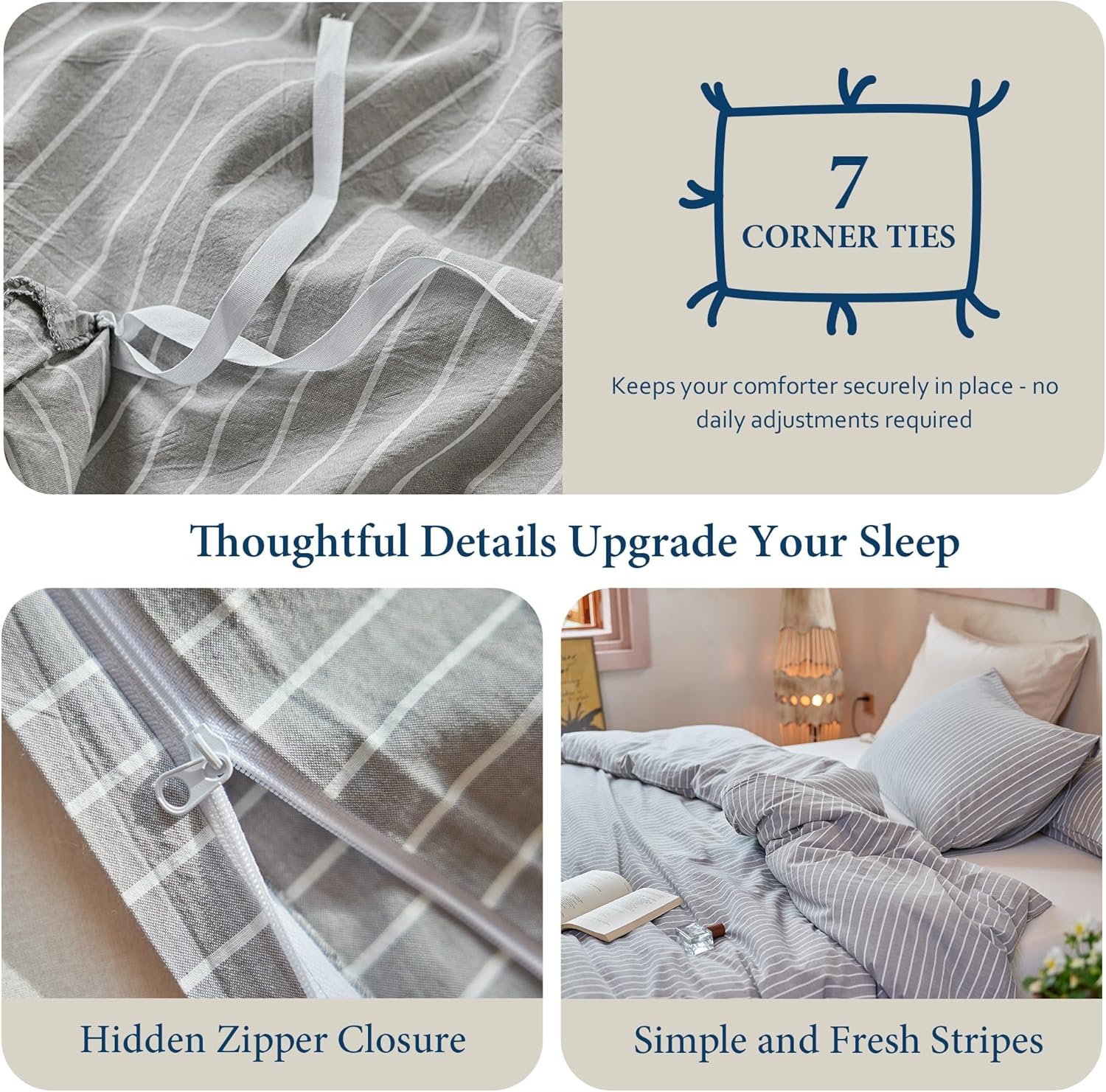 Striped 100% Washed Cotton Duvet Cover Set Queen 3Pcs(1 Comforter Cover&2 Pillowcases), Natural Cotton Bedding Set Soft Breathable Farmhouse Zipper Closure All Seasons(Light Grey-White,Queen)