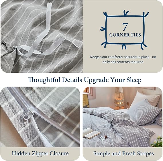 QKTE Striped 100% Washed Cotton Duvet Cover Set Queen 3Pcs(1 Comforter Cover&2 Pillowcases), Natural Cotton Bedding Set Soft Breathable Farmhouse Zipper Closure All Seasons(Light Grey-White,Queen)