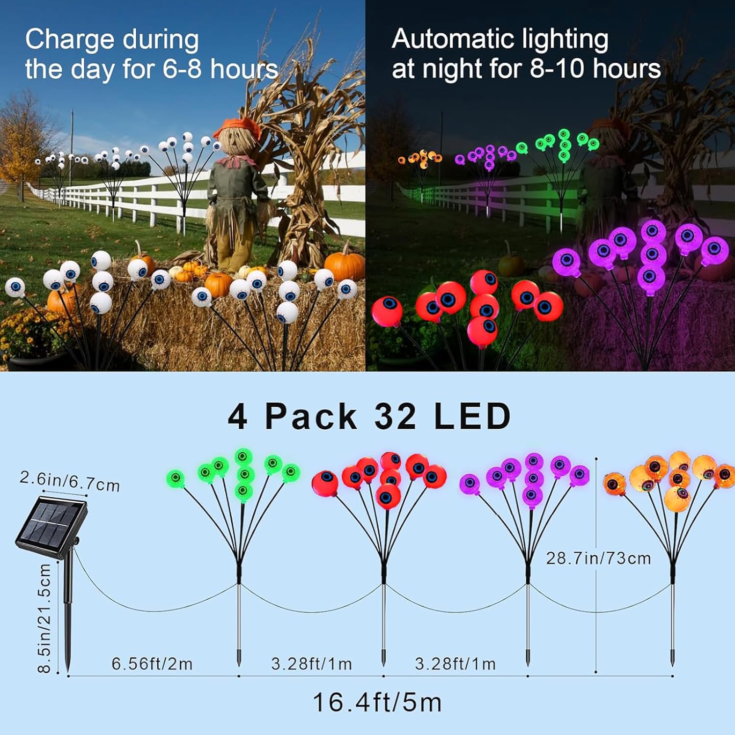 Halloween Solar Eyeball Lights Outdoor Waterproof 4 Pack 32 LED Scary Spooky Eyeballs Light 8 Mode Solar Garden Lights for Yard Path Party Decor Halloween Decorations (Green+Red+Purple+Orange) - Image 3
