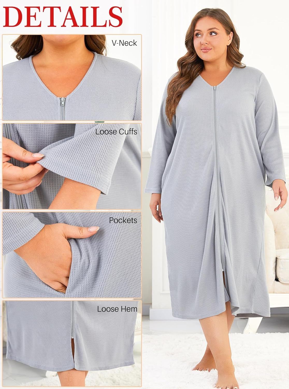 Hellomamma Womens Zipper Waffle Robes: Plus Size Long Sleeve Robe Lightweight Bath Loungewear for Maternity Postpartum