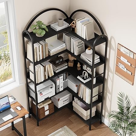 Corner Bookcase Large Bookshelf with Storage Arched Design