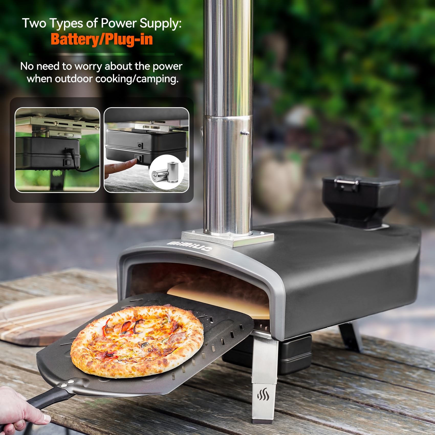 Mimiuo Pellet Pizzaofen mit Drehfunktion 33cm Pizzastein Tragbar Outdoor Schwarz