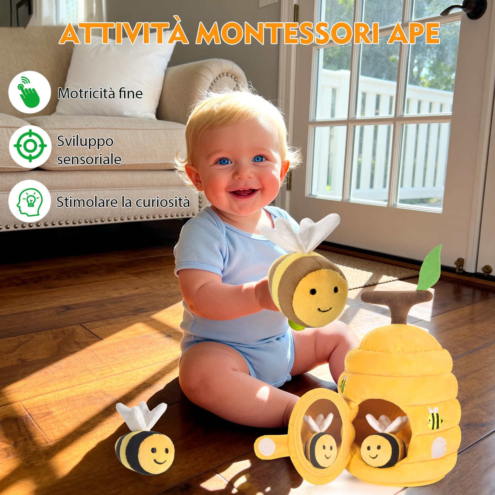 Loyzico Giochi Neonato 6-12 Mesi Alveare con 5 Api Sensoriali, Montessori Giochi Bambini 1 Anno, Sonaglio, Specchio -Regalo Bambina 6 9 12 18 Mesi Maschio Femmina