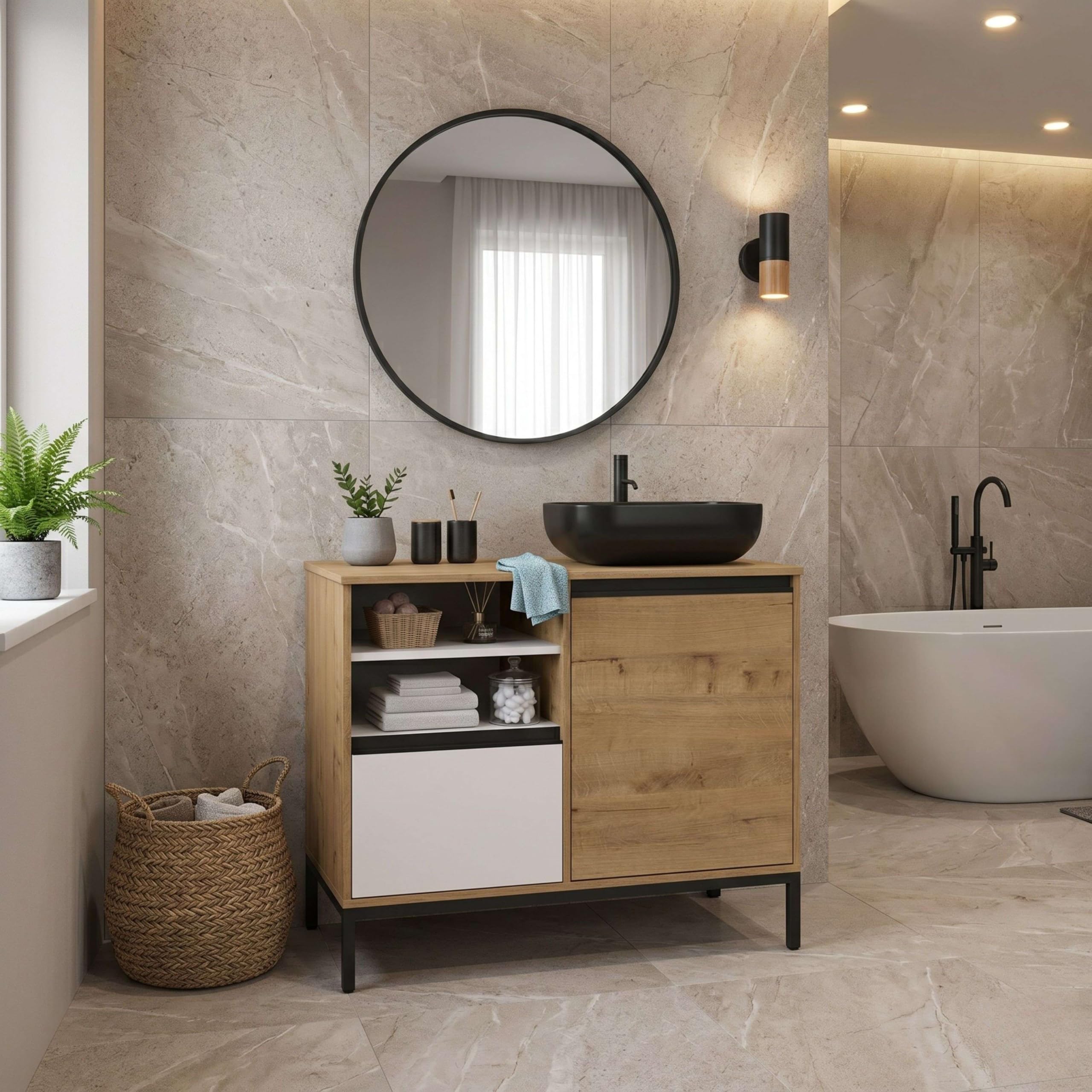 Miroytengo Mueble de Baño 100 cm Támesis con Patas Roble Gold y Blanco Mate (con Lavabo Cerámico)
