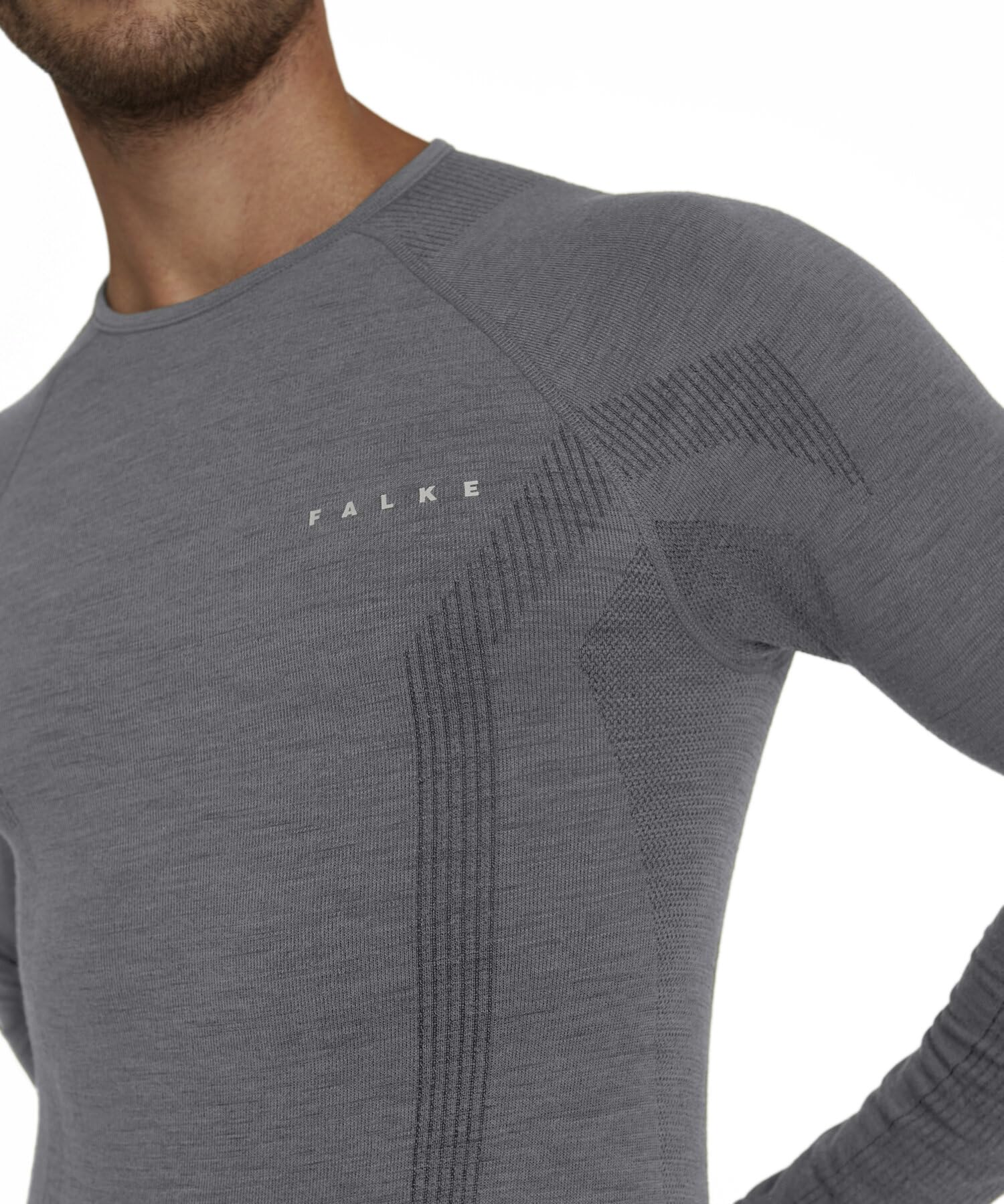 FALKE Mężczyźni Warstwa podstawowa (góra) Wool-Tech Round Neck M L/s Sh wełna materiał funkcjonalny szybkoschnące ciepłe 1 Sztuka, Szary Grey-Heather 3757, XXL