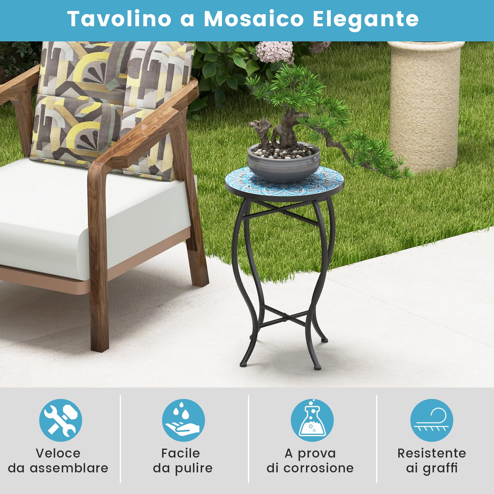 COSTWAY Tavolino Porta Fiori con Piastrelle di Ceramica e Gambe in Metallo | Tavolino Porta Piante da Esterno ed Interno per Balcone, Giardino e Salotto