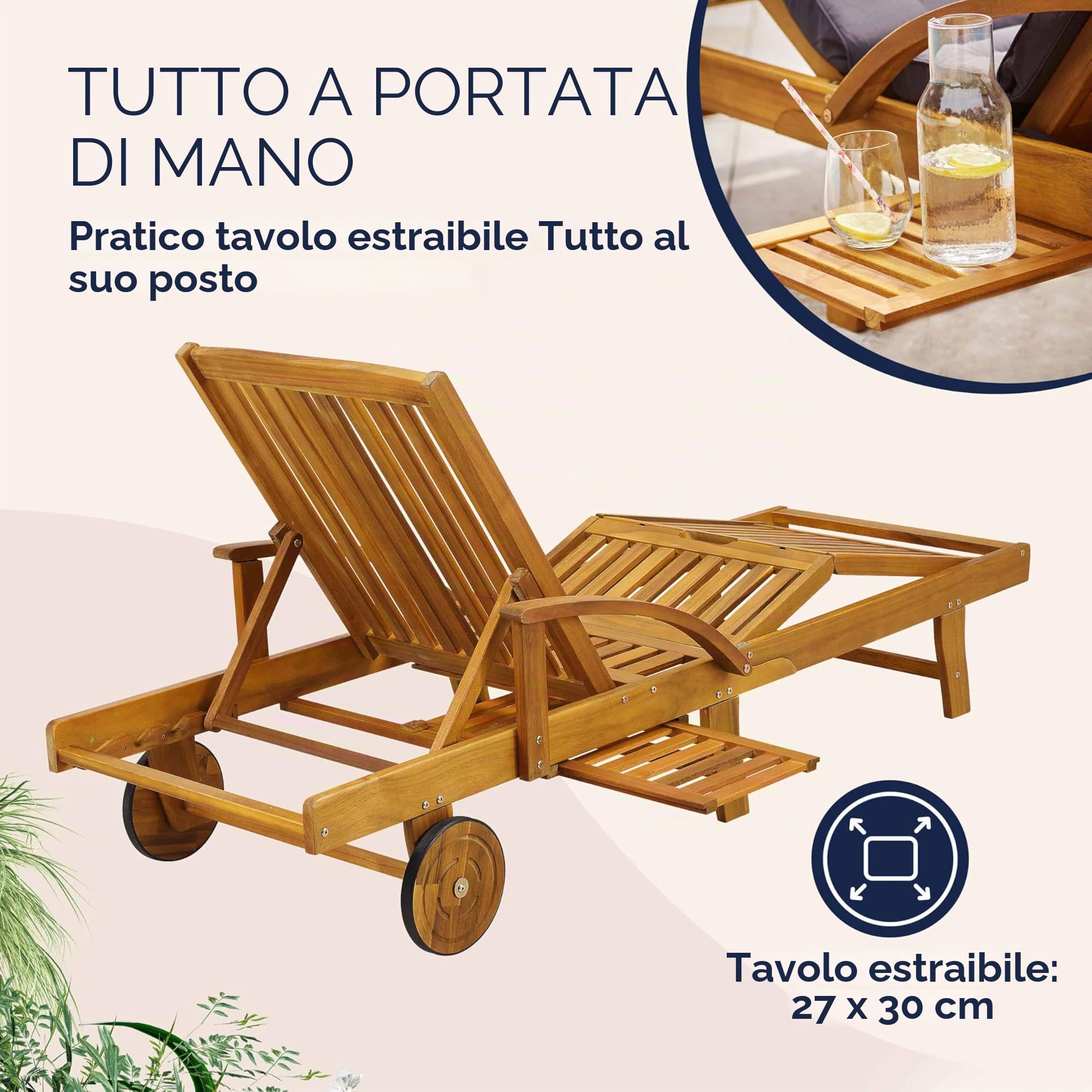 Casaria Sdraio Lettino Prendisole in Legno Acacia 196x69x85 cm | con Tavolino Estraibile, Poggiapiedi, Sedia Lettini, Sdraie da Giardino Terrazza Esterno, Sauna