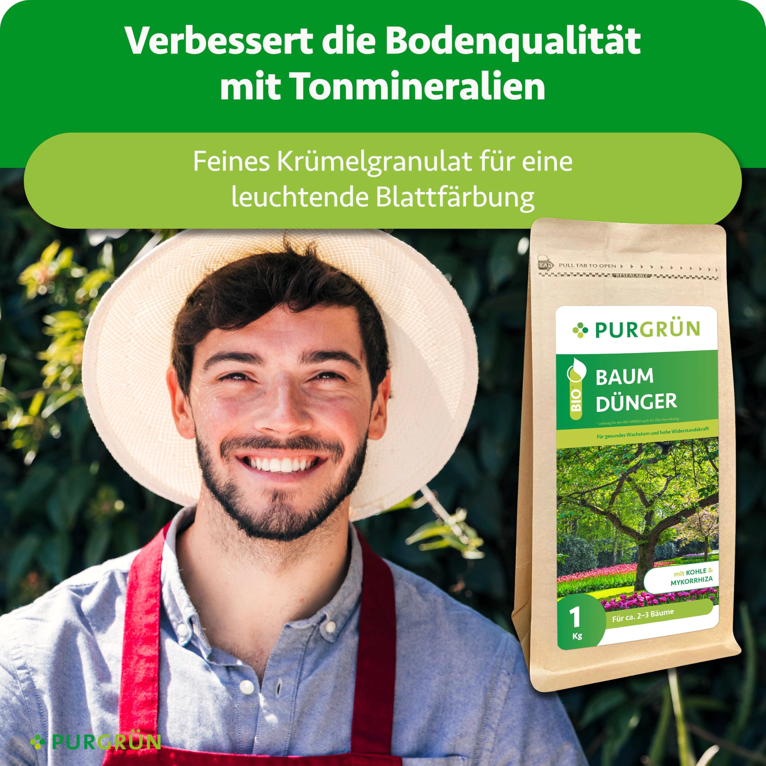 Bio-Baumdünger 1 kg – Gesundes Wachstum dank Mykorrhiza – Pflanzenkohle verbessert die Bodenqualität – Extra Magnesium für sattgrünes Laub ohne Verfärbungen – Granulat für 2-3 Bäume