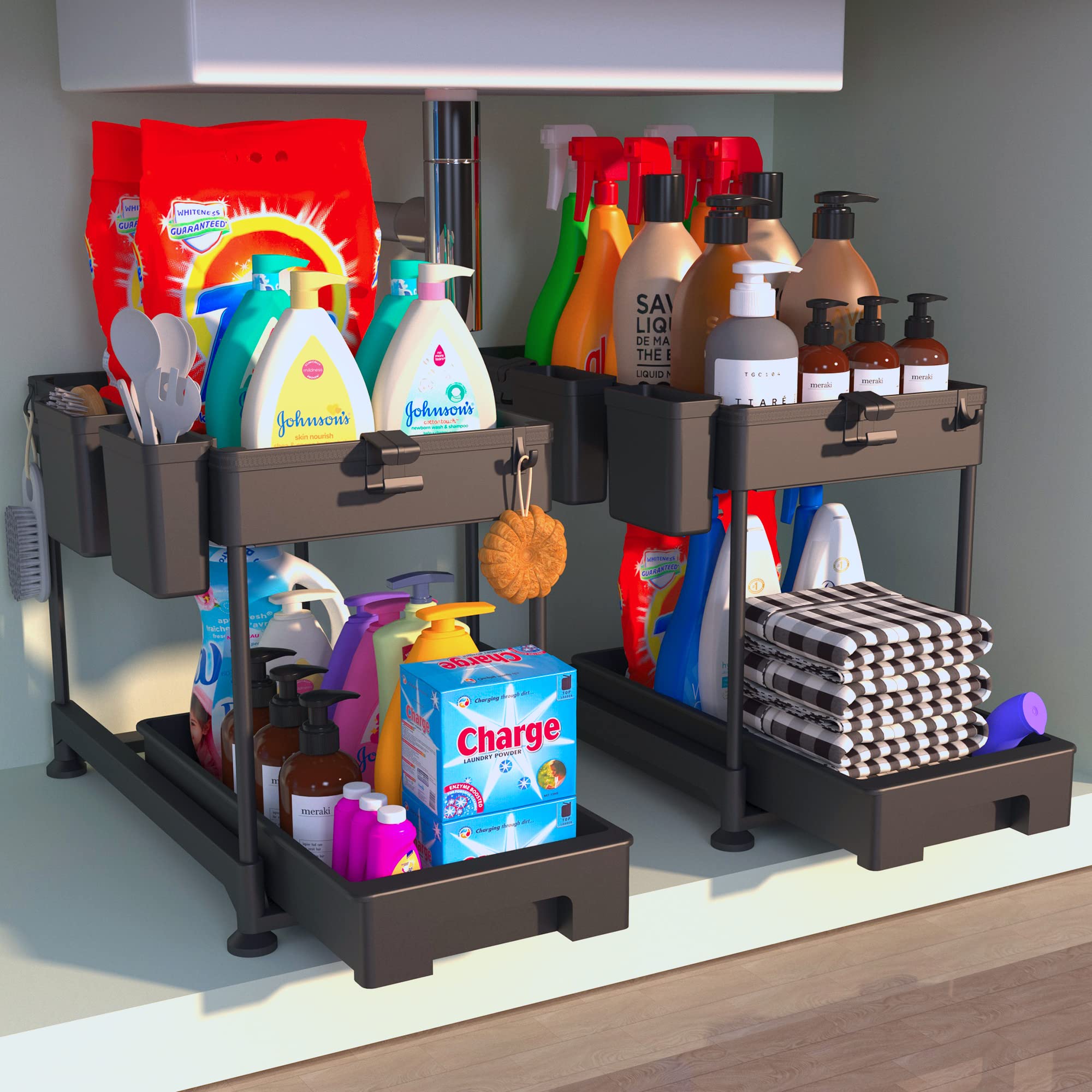 VENROII 2 Pack Under Sink Organizers and Storage - 2 Tier Bathroom Kitchen Cabinet Sliding Out Organizer Under Sink Storage, Multi-purpose Under Sink Shelf Organizer (Black)