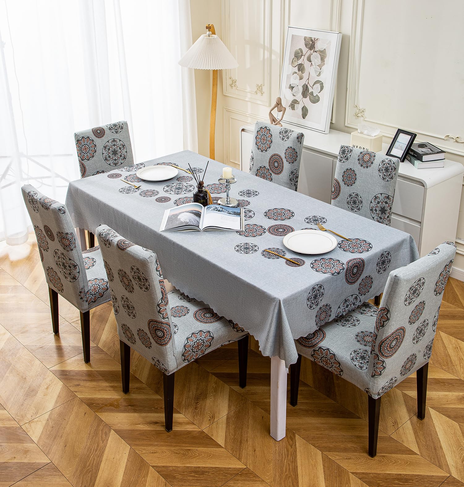 House of Quirk Polyvinyl Chloride (PVC) Rectangular Cover Waterproof with 6 Chair Covers for Kitchen Dining Table Cloth Dust and Oil Repellent (Bronze Chakra, 1 Table Cover + 6 Chair Cover)