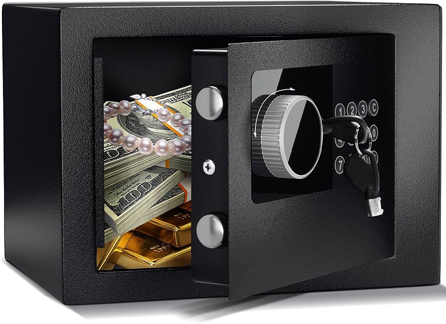 Digital Electronic Money Safe, Steel Security Lock Box with Keypad, Office Hotel Business Jewelry Gun Cash Safe, 0.23 Cubic Feet, 9.06" W x 6.69" D x 6.69" H（black）