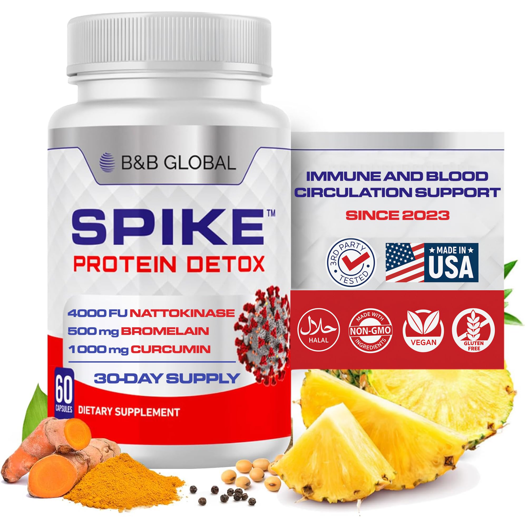 Spike Protein Detox — suplemento em cápsulas com Nattokinase 4000 FU, Bromelain 500 mg e Curcumin 1000 mg, 60 cápsulas