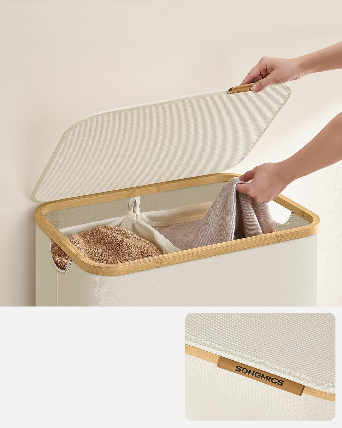 Step 4 of assembly: Placing the lid on the assembled hamper.