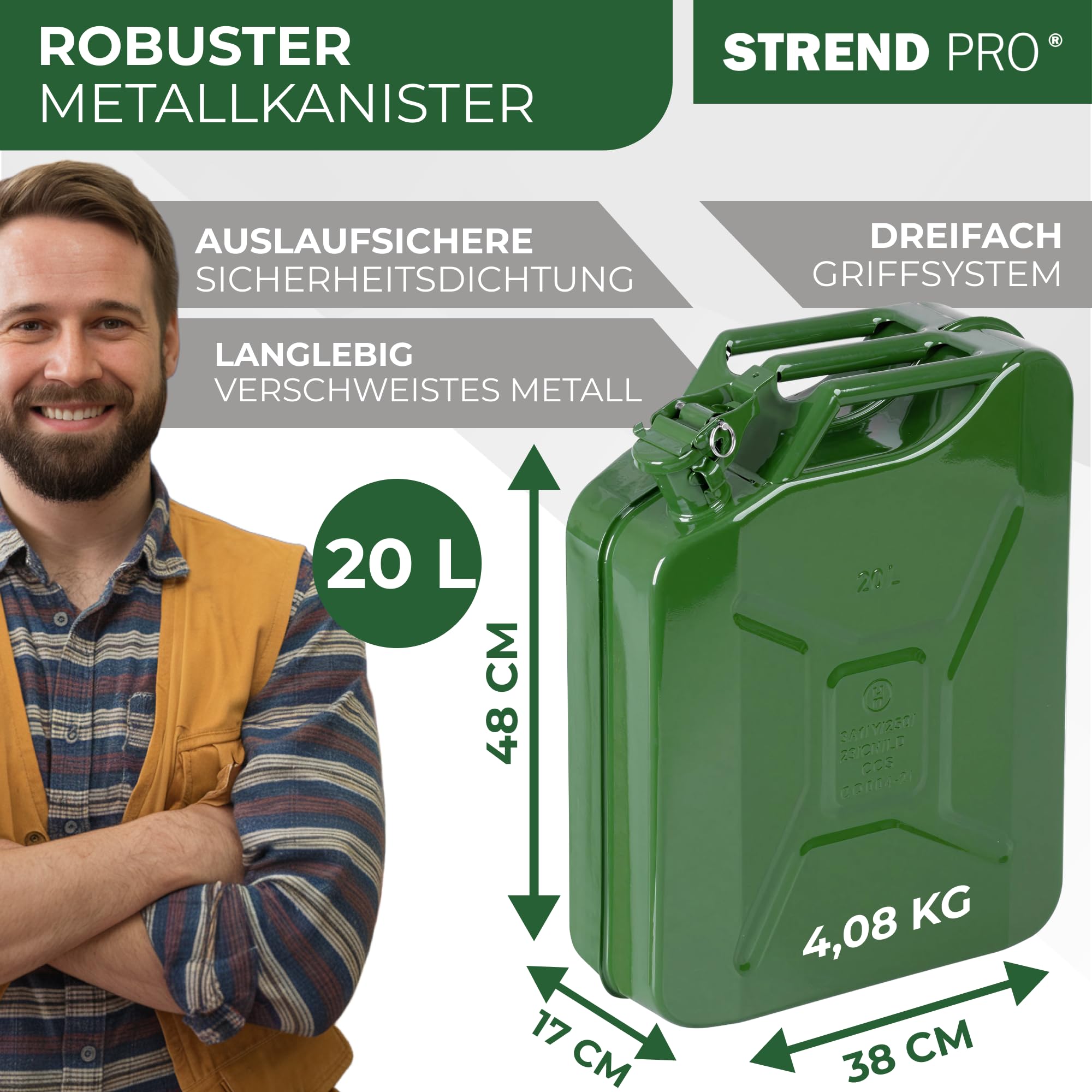 STREND PRO Benzinkanister 20l Metall | Robuster Kanister 20 liter für Benzin & Diesel | Kraftstoffkanister | Dieselkanister für Reserve | Kombikanister motorsäge | Grün mit UN-Zulassung | Benzintank - 2