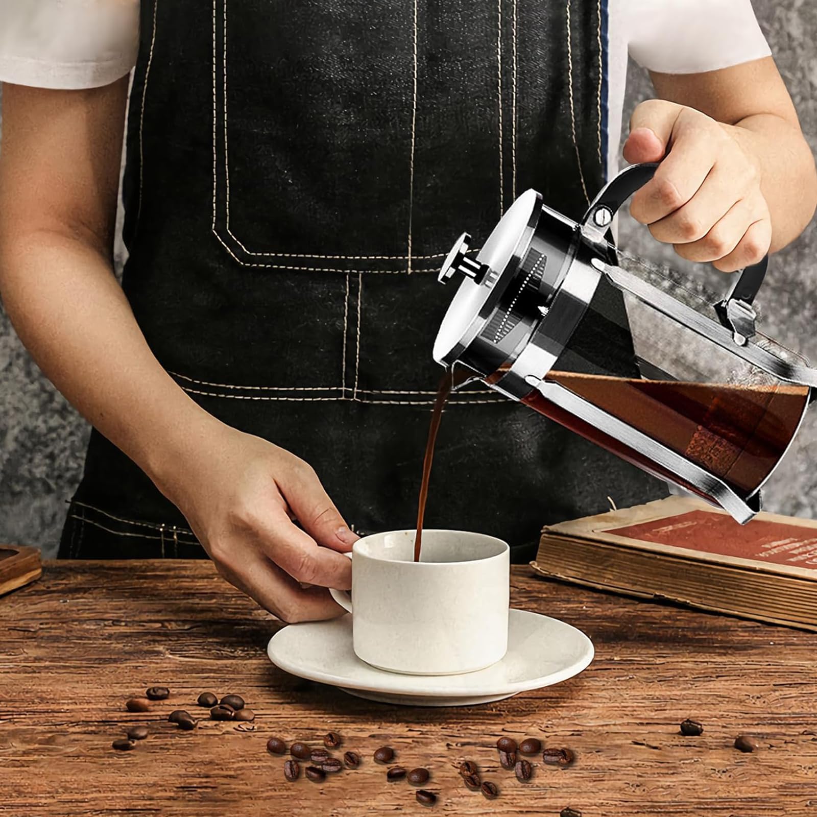 Caffettiera French Press in Vetro Resistente al Calore con Filtro Facile da Pulire, Pressa Francese per Caffè e Tè, Design Multifunzionale Ideale per Casa, Viaggio e Campeggio (600, Millilitri)