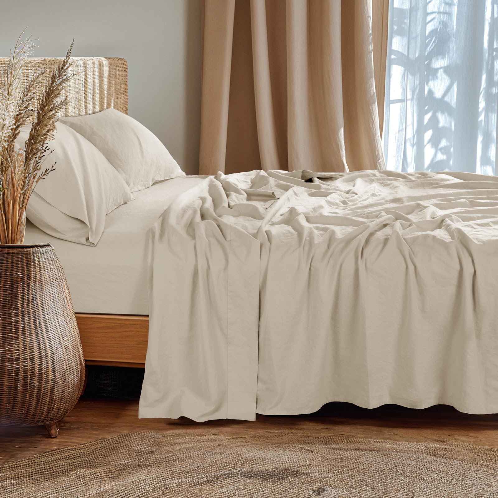 Linoto 100% Linen Sheet Set, 4-Piece European Bedding Set with Linen Flat Sheet, Fitted sheet, and 2 Pillow Cases, Low-Wrinkle and Breathable Fabric, Queen Size Bed Sheet, Warm Gray