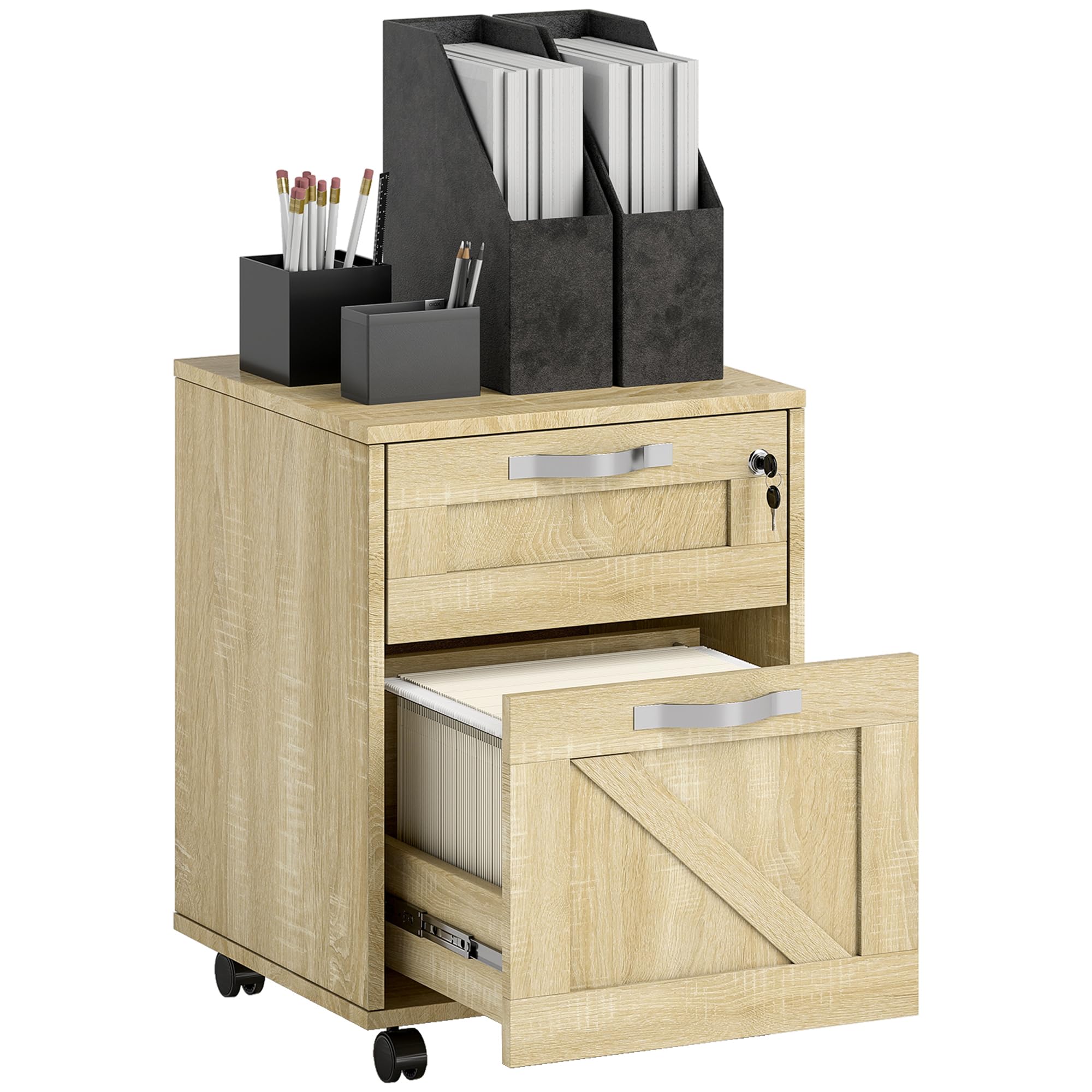 Vinsetto Cajonera de Oficina con 2 Cajones Cajonera con Ruedas Mueble Archivador Móvil con Cerradura y Carpetas Colgantes para Tamaño A4 41x42x56 cm Natural
