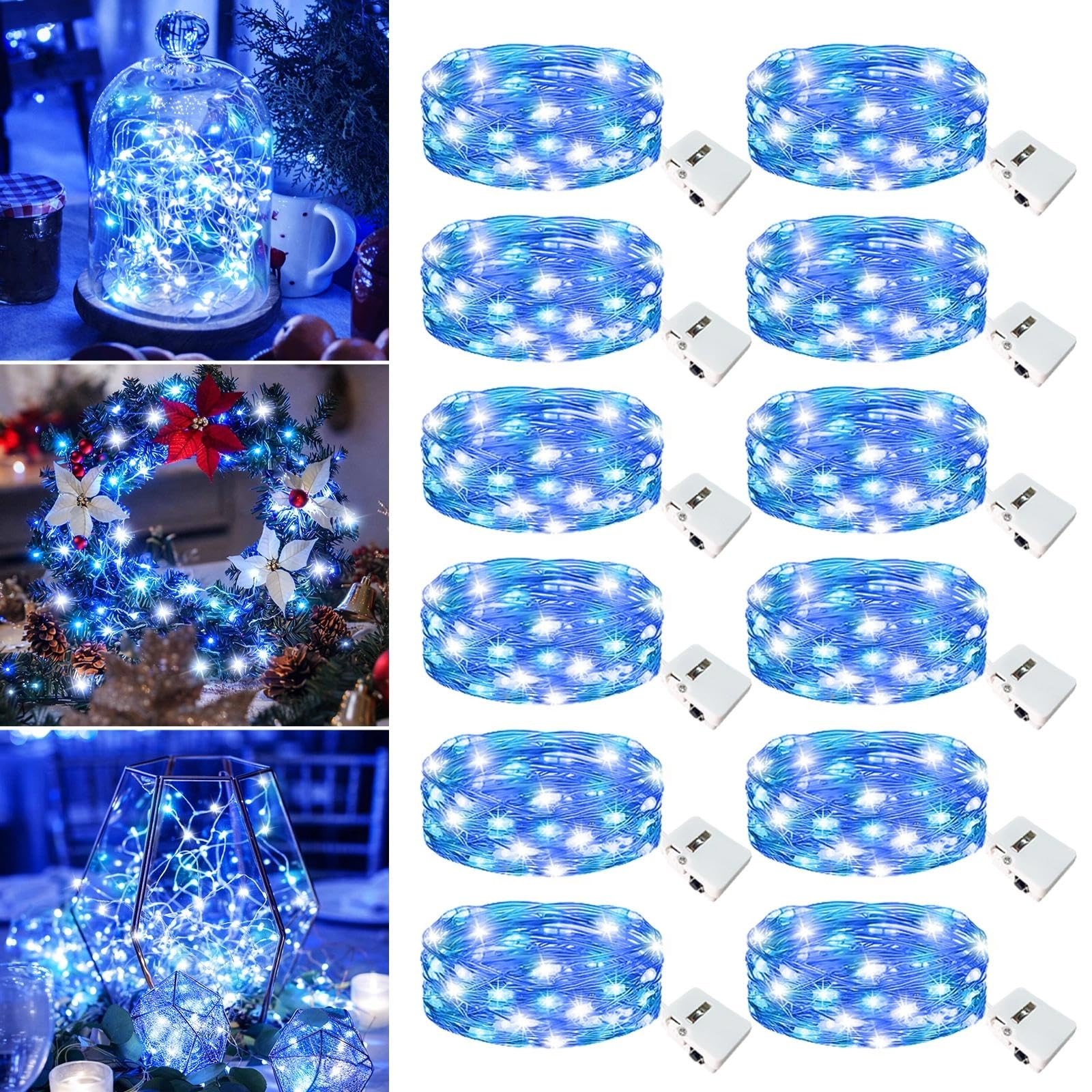 12 Pack Fairy Lights Battery Operated - 7ft 20 Led Twinkle Lights 3 Modes, Bulk Mini String Lights Waterproof for Mason Jars Vases DIY Party Wedding Decoration Christmas -Blue and White